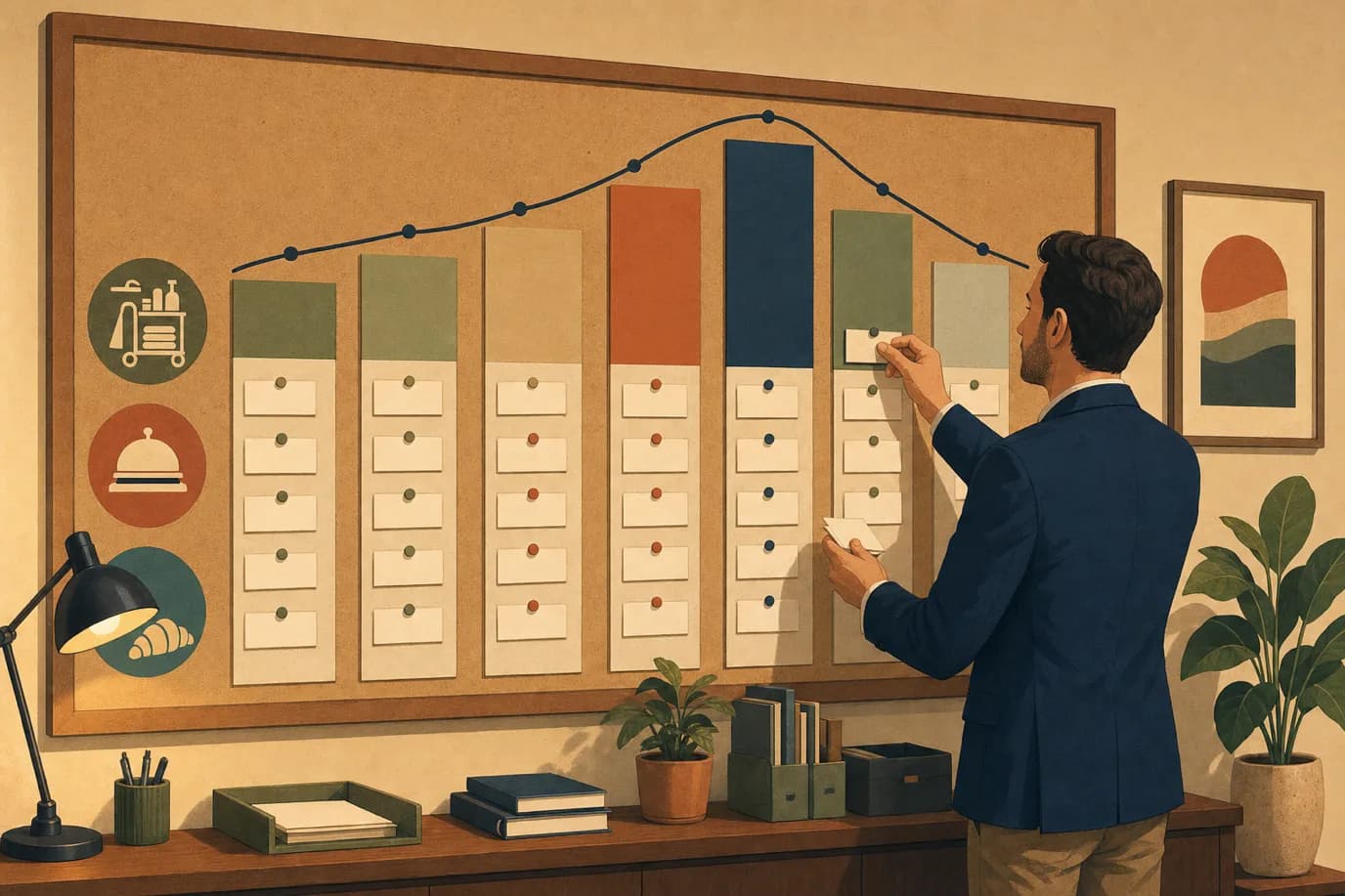 A cel-shaded editorial illustration in a warm palette of cream, taupe, sage, terracotta and deep navy with a teal accent: a hotel operations manager at a wall planner moving staff name cards between day columns of different heights, where each column's height follows a rising and falling occupancy curve drawn above it, with small department icons for housekeeping, front desk and restaurant along the side, conveying a schedule shaped by the forecast rather than habit.