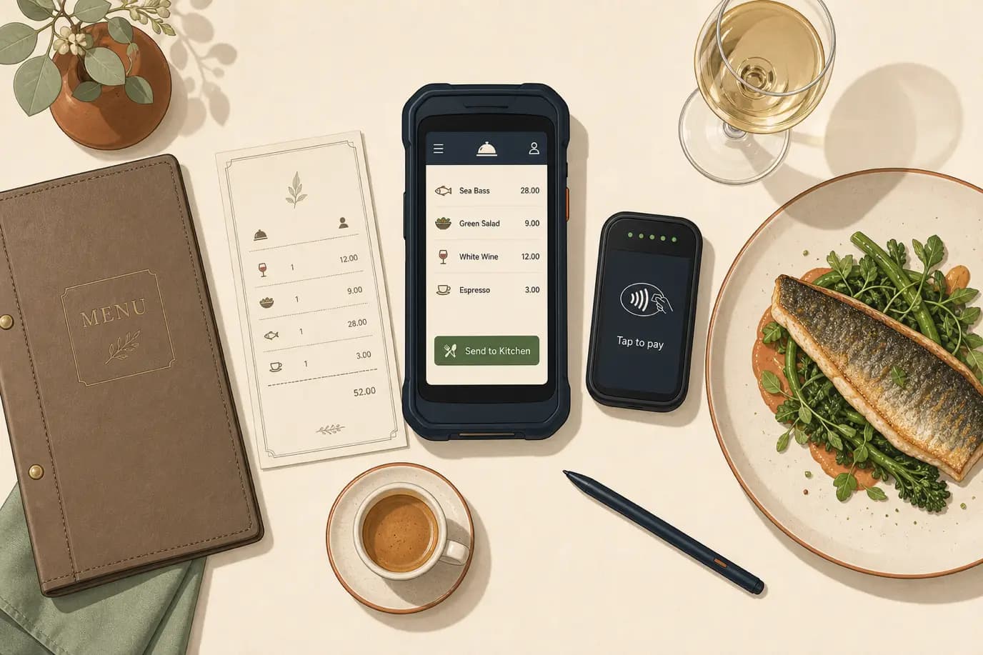 A cel-shaded editorial top-down flat-lay of a hotel restaurant table during service: a handheld POS terminal showing an open order screen sits at the centre, beside a small contactless card reader displaying a tap-to-pay prompt, a printed itemised check, a folded leather menu, a plated dish and a wine glass, and a slim stylus, arranged neatly on a linen tablecloth, illustrating tableside ordering and pay-at-table for a hotel restaurant, all rendered in the warm cream, taupe, sage, terracotta and deep navy palette.