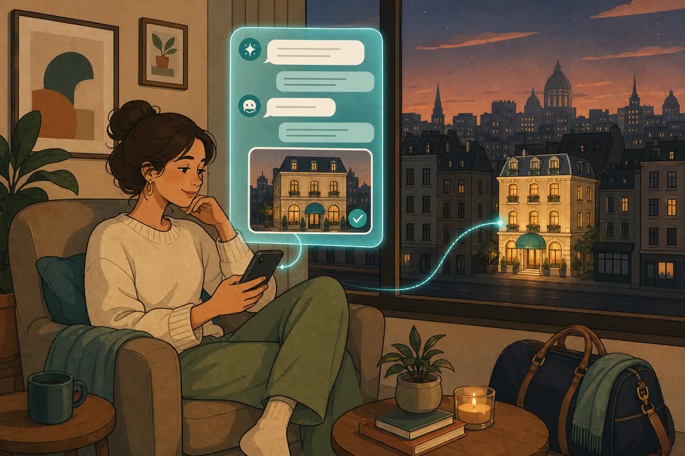 A cel-shaded editorial illustration in a warm palette of cream, taupe, sage, terracotta and deep navy with a teal accent: a traveler relaxes in an armchair talking to a glowing chat interface floating above her phone, while behind the chat window a small stylized hotel lights up among a row of dimmer buildings, conveying a hotel becoming visible and bookable through an AI conversation.