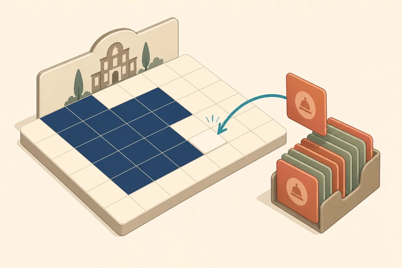 A cel-shaded isometric editorial illustration in a warm palette of cream, taupe, sage, terracotta and deep navy with a teal accent: an occupancy calendar grid with several nights fully shaded as sold out, a neat stack of small enquiry cards queued alongside it, and a curved arrow lifting one card from the queue back into a night that has just opened up.