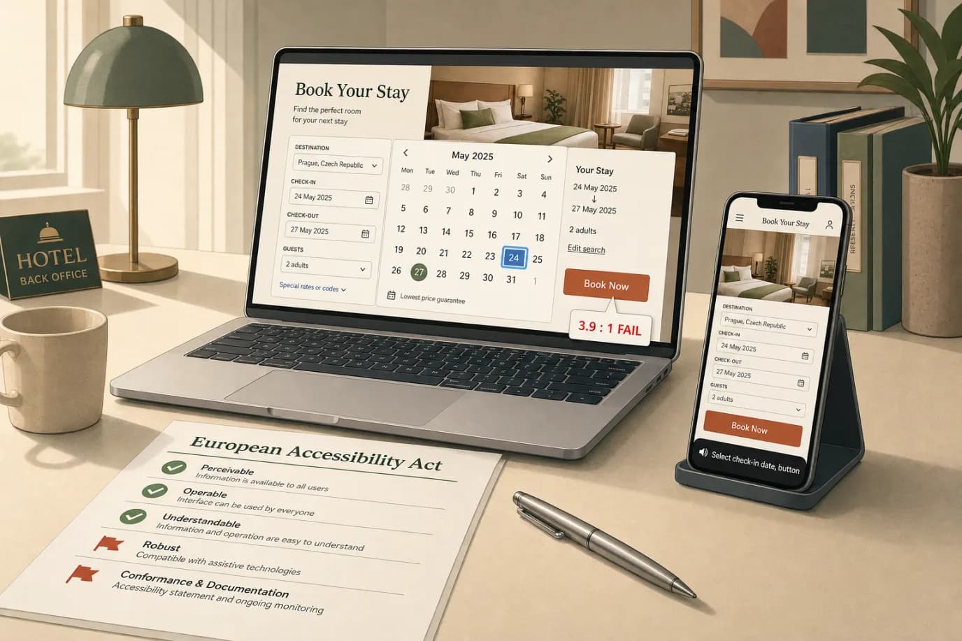 A cel-shaded editorial illustration of a side-angle desk scene at eye level: an open laptop displays a hotel booking engine date-picker with a bright keyboard-focus outline around the selected date and a small floating contrast-checker panel reading 3.9 to 1 FAIL in red next to the Book Now button, while a smartphone propped beside it shows the same booking page with a VoiceOver-style screen-reader caption bar reading Select check-in date, button, and a printed European Accessibility Act compliance checklist with three lines ticked in green and two flagged in red sits under a brushed-aluminium pen, illustrating that an independent hotel's booking widget is now regulated software that must work for keyboard, screen-reader and low-vision guests across the EU.