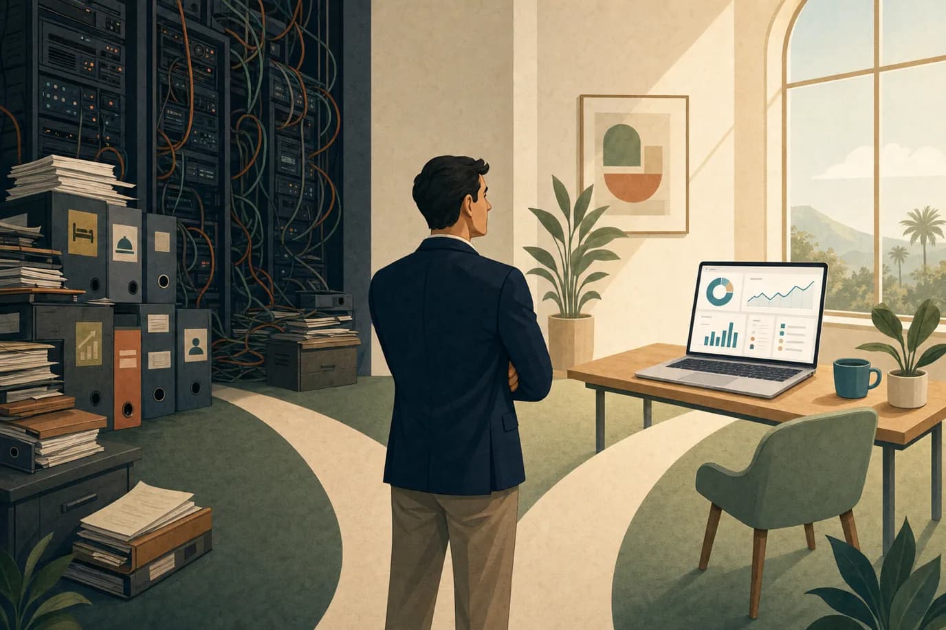 A cel-shaded editorial illustration in a warm palette of cream, taupe, sage, terracotta and deep navy with a teal accent: a hotel general manager stands at a crossroads in a stylized back office, one path leading to a towering wall of legacy server racks and thick binders, the other to a single clean laptop showing a unified dashboard, conveying the decision between renewing a heavyweight legacy PMS and switching to a modern unified platform.