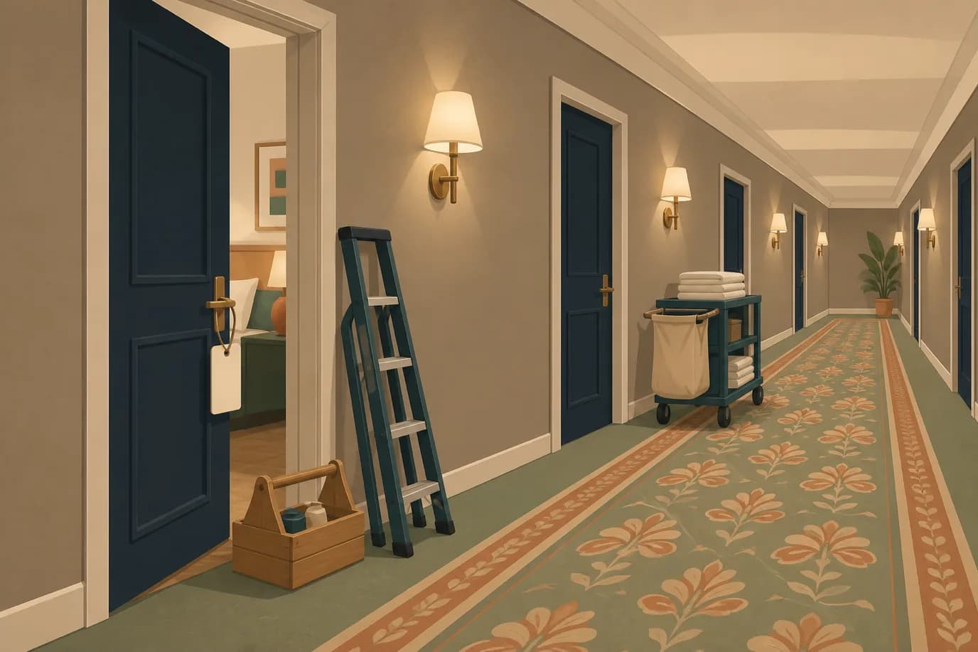 A soft flat editorial illustration in cream, warm taupe, sage, terracotta and deep navy, seen at eye level along a hotel corridor: one guest room door standing half open with a plain unmarked notice card hanging from the handle, a wooden toolbox and a folded step ladder resting on the carpet just inside the doorway, a housekeeping trolley stacked with folded towels further down the corridor, and wall lamps throwing warm pools of light along the taupe wall.