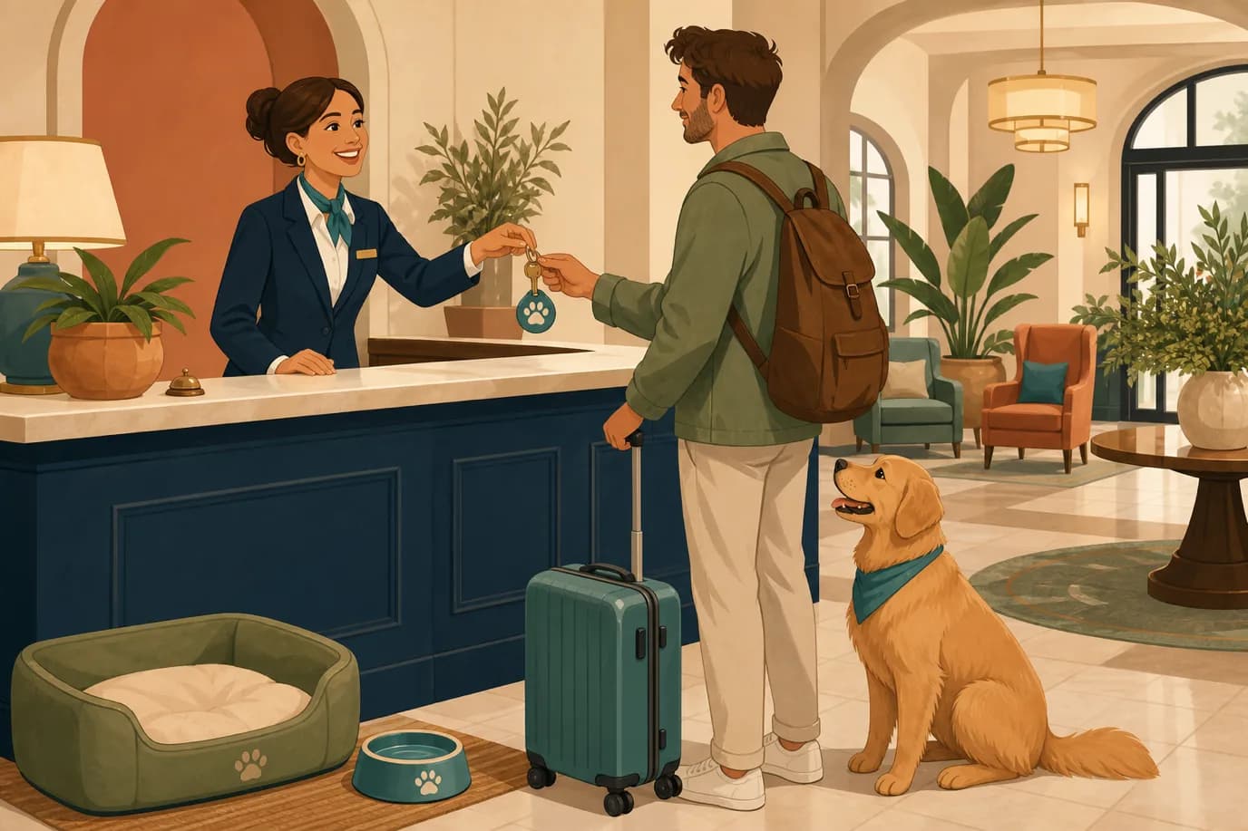 A cel-shaded editorial illustration in a warm palette of cream, taupe, sage, terracotta and deep navy with a teal accent: a smiling receptionist at a hotel front desk hands a room key to a traveller whose golden dog sits neatly beside a small suitcase, a water bowl and a tiny dog bed wait near the desk, and a paw-print tag hangs from the room key, conveying a hotel that genuinely welcomes pets rather than merely tolerating them.