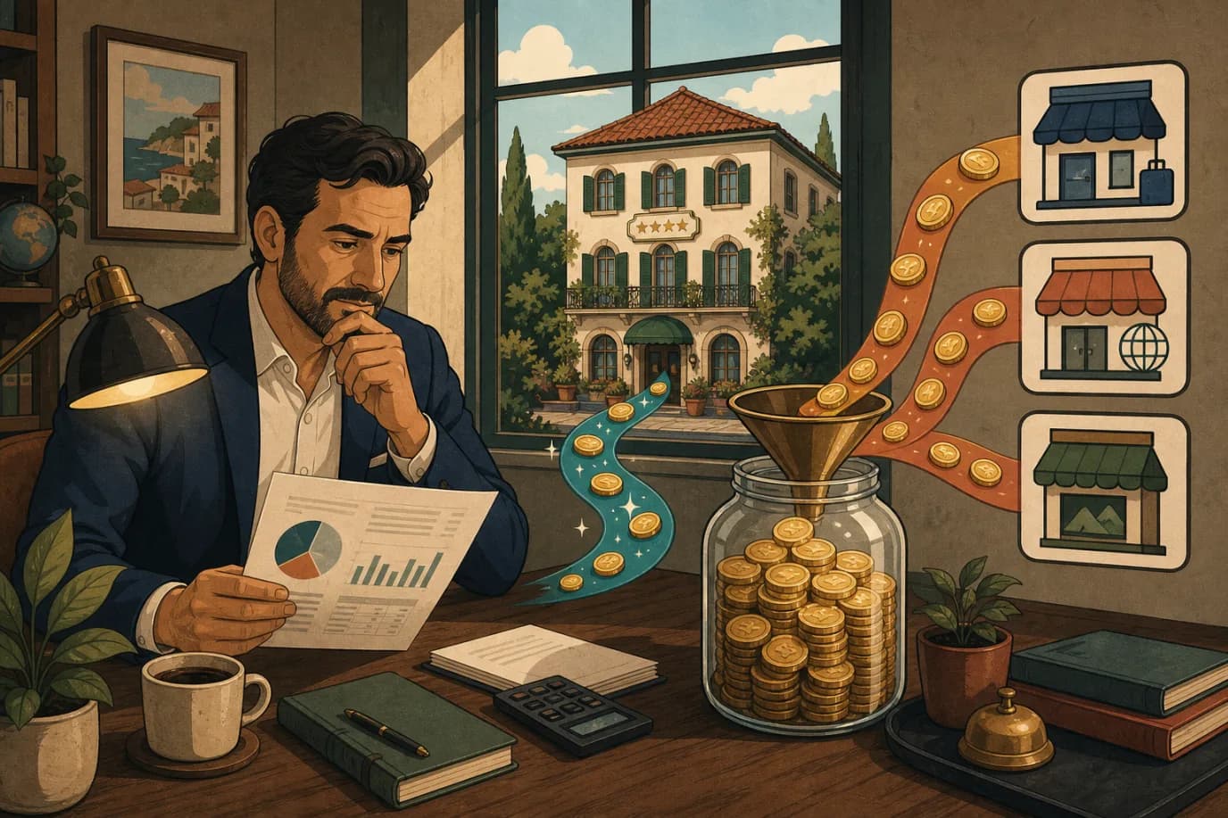 A cel-shaded editorial illustration in a warm palette of cream, taupe, sage, terracotta and deep navy with a teal accent: a hotel owner at a desk reviewing a channel revenue statement, with a large jar of coins beside it from which a portion visibly flows out through a funnel toward small OTA storefront icons, while a smaller direct-booking stream flows back into the hotel, conveying commission cost versus direct revenue.
