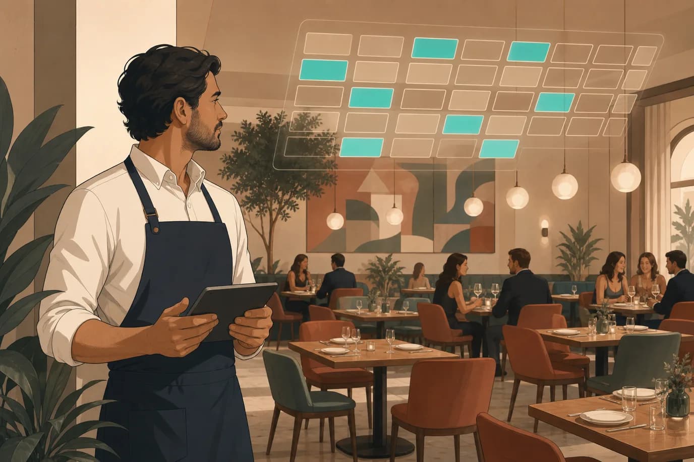 A cel-shaded editorial illustration in a warm palette of cream, taupe, sage, terracotta and deep navy with a teal accent: a restaurant manager stands at the edge of a busy dining room holding a tablet, while above the tables a subtle grid of glowing hour blocks shows some seats bright and others dim, conveying revenue measured per seat per hour rather than per cover.