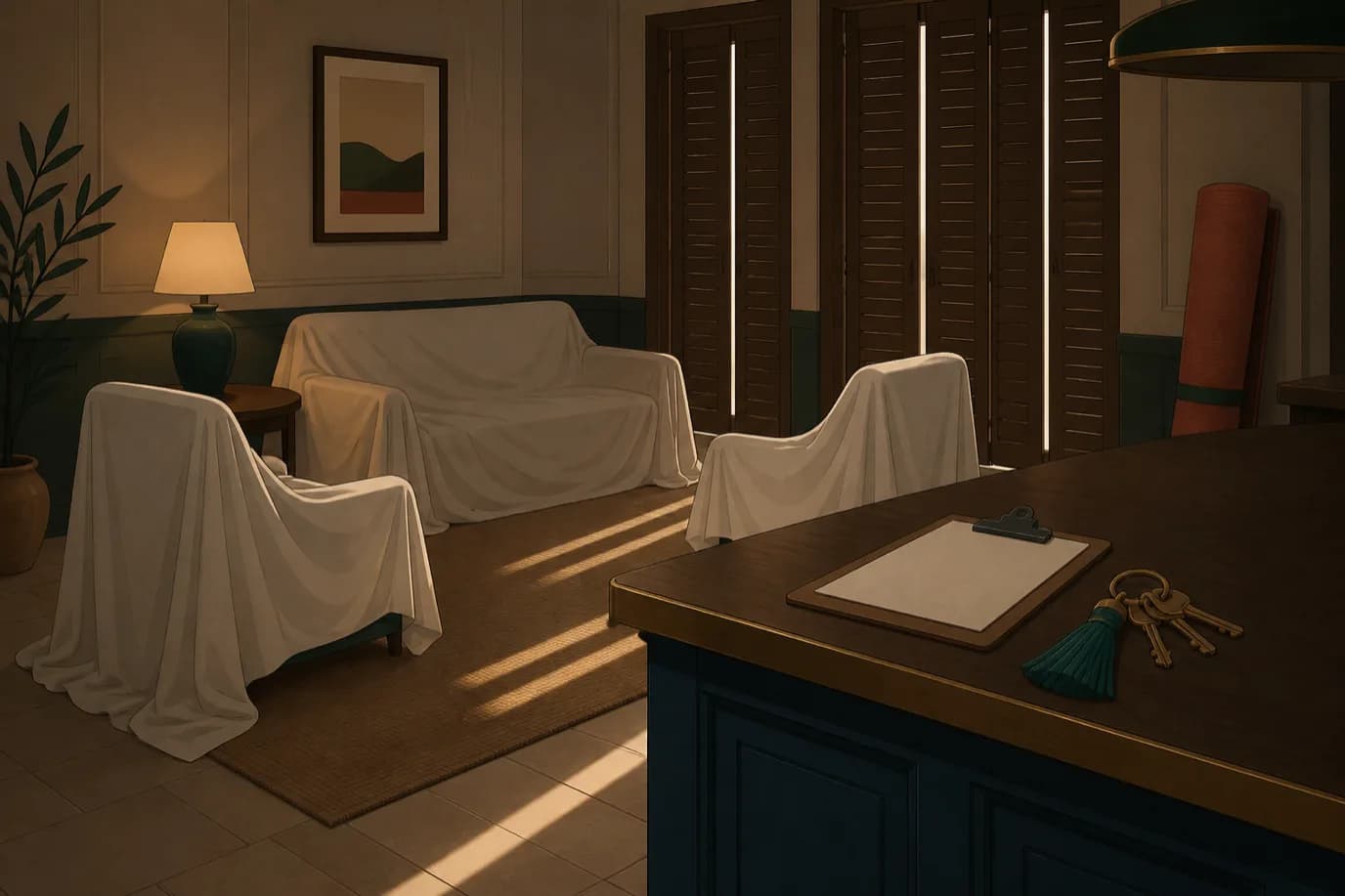 A cel-shaded editorial illustration at eye level in a warm palette of cream, taupe, sage, terracotta and deep navy with a teal accent: the lounge of a closed seasonal hotel with dust sheets draped over armchairs and a sofa, wooden shutters pulled across the tall windows, a single lamp still lit in the corner, and a clipboard resting on the bar counter.