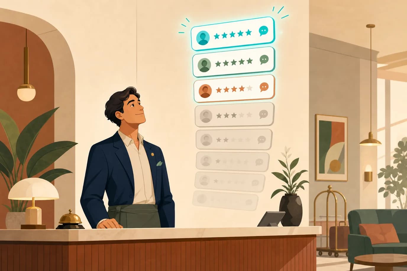 A cel-shaded editorial illustration in a warm palette of cream, taupe, sage, terracotta and deep navy with a teal accent: a hotelier stands at a reception desk looking up at a floating column of stacked review cards, the most recent ones glowing teal and the older ones faded, conveying that recency rather than volume drives a hotel's Tripadvisor ranking.