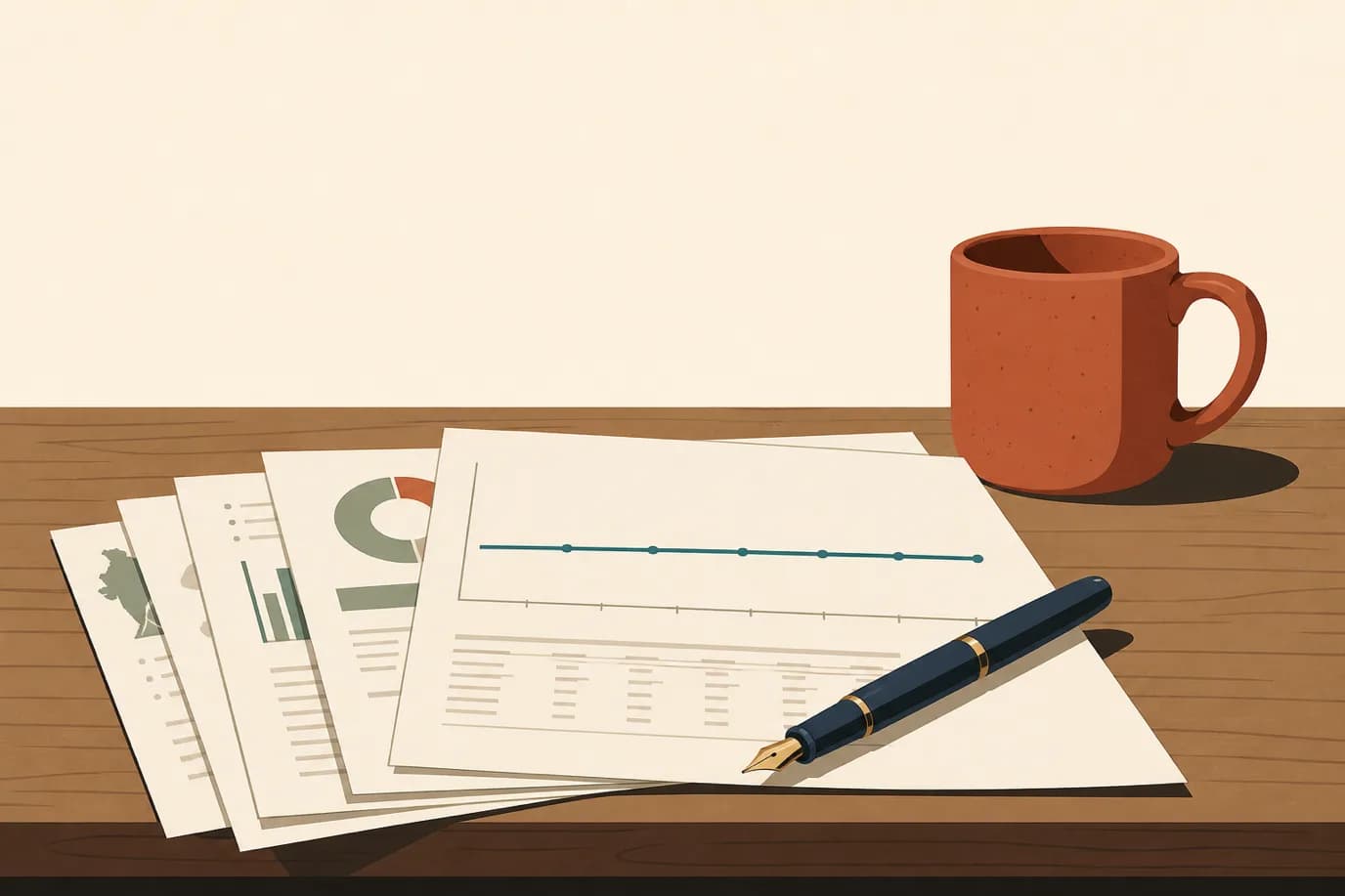 A cel-shaded editorial illustration at eye level in a warm palette of cream, taupe, sage, terracotta and deep navy with a teal accent: a wooden desk seen from the side with a stack of printed government statistical reports fanned across it, the top sheet showing a simple line chart with a flat teal trend line, a fountain pen resting across the pages and a stoneware mug behind them.