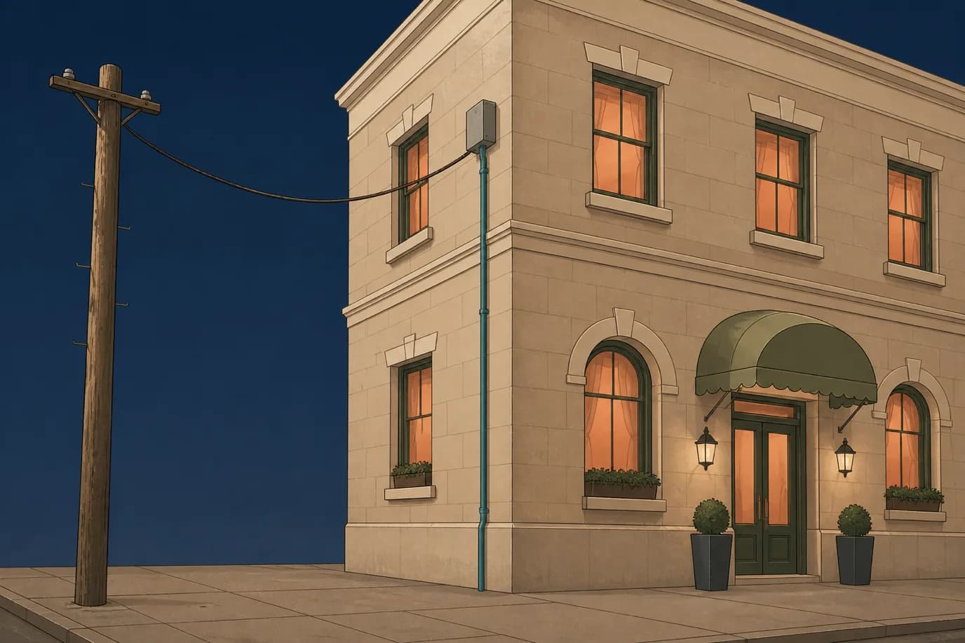 A soft cel-shaded editorial illustration in cream, warm taupe, sage, terracotta and deep navy showing the corner of a hotel building at dusk seen from the street: a stone facade with lit windows and a sage awning over the entrance, a wooden utility pole on the left carrying an old copper drop wire that sags across to a small grey junction box high on the wall, and a bright petrol teal conduit running straight down the wall beside it and into the pavement.