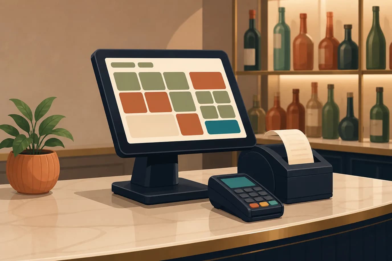 A cel-shaded editorial illustration at eye level in a warm palette of cream, taupe, sage, terracotta and deep navy: an EPOS terminal on a swivel stand at the end of a hotel bar counter, its screen showing a grid of item tiles, with a small receipt printer feeding a curl of paper, a card reader beside it, and softly blurred bottles on a shelf behind.