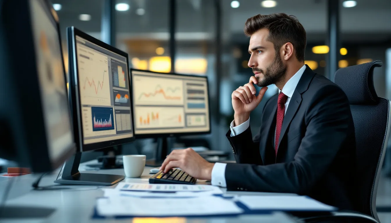 A professional hotel manager is intensely focused on analyzing revenue data displayed across multiple computer screens, using various revenue management strategies to maximize hotel revenue. The screens show graphs and charts reflecting market trends, competitor pricing, and historical data, emphasizing the importance of effective data analysis in the hospitality industry.