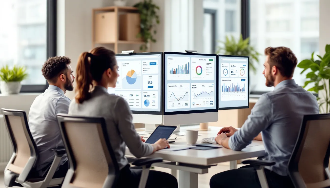 A hotel revenue management team collaborates around computer screens displaying performance dashboards, analyzing key metrics and market trends to optimize pricing strategies and maximize revenue. The team focuses on effective revenue management practices, using data analysis to enhance their hotel's revenue management strategy.