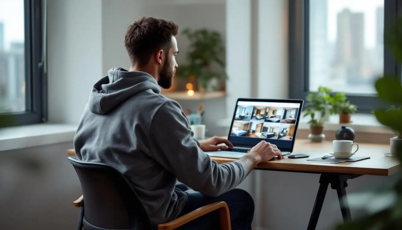 A traveler is sitting at a desk, focused on their laptop as they compare various hotel room options, including different hotel room types like deluxe rooms, twin rooms, and suites, to find the best accommodation for their trip. The screen displays images and details of each room, showcasing features such as double beds and spacious living areas.