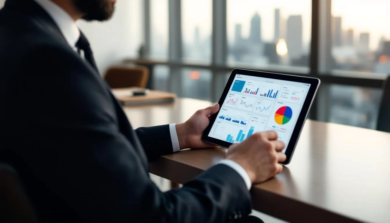 A hotel manager is attentively reviewing detailed financial performance reports on a tablet device, using an ERP system to gain valuable insights into hotel operations and enhance guest satisfaction. The scene highlights the importance of financial management and data analysis in the hospitality industry for informed decision-making.
