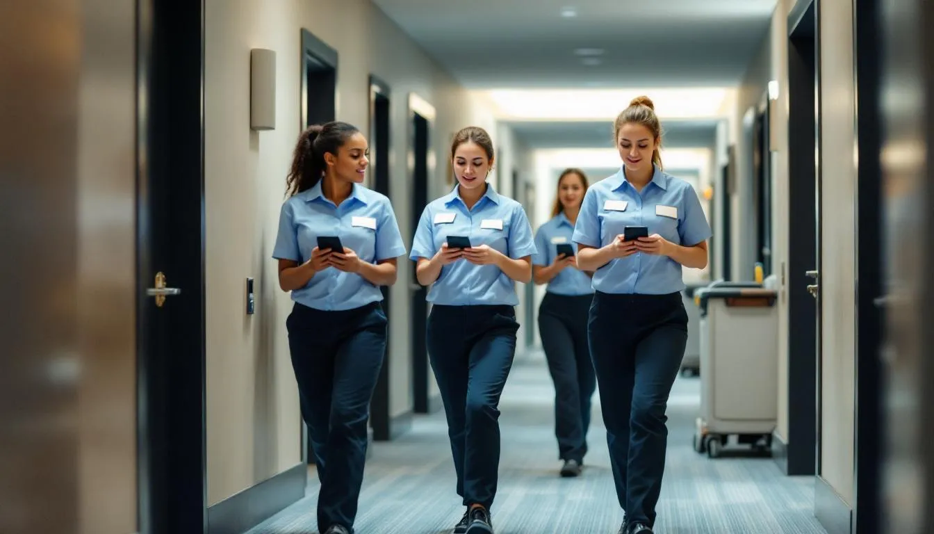 Housekeeping staff are seen using mobile devices to efficiently coordinate room cleaning, enhancing operational efficiency within the hotel industry. This simplified approach allows for improved guest satisfaction and effective management of hotel operations.