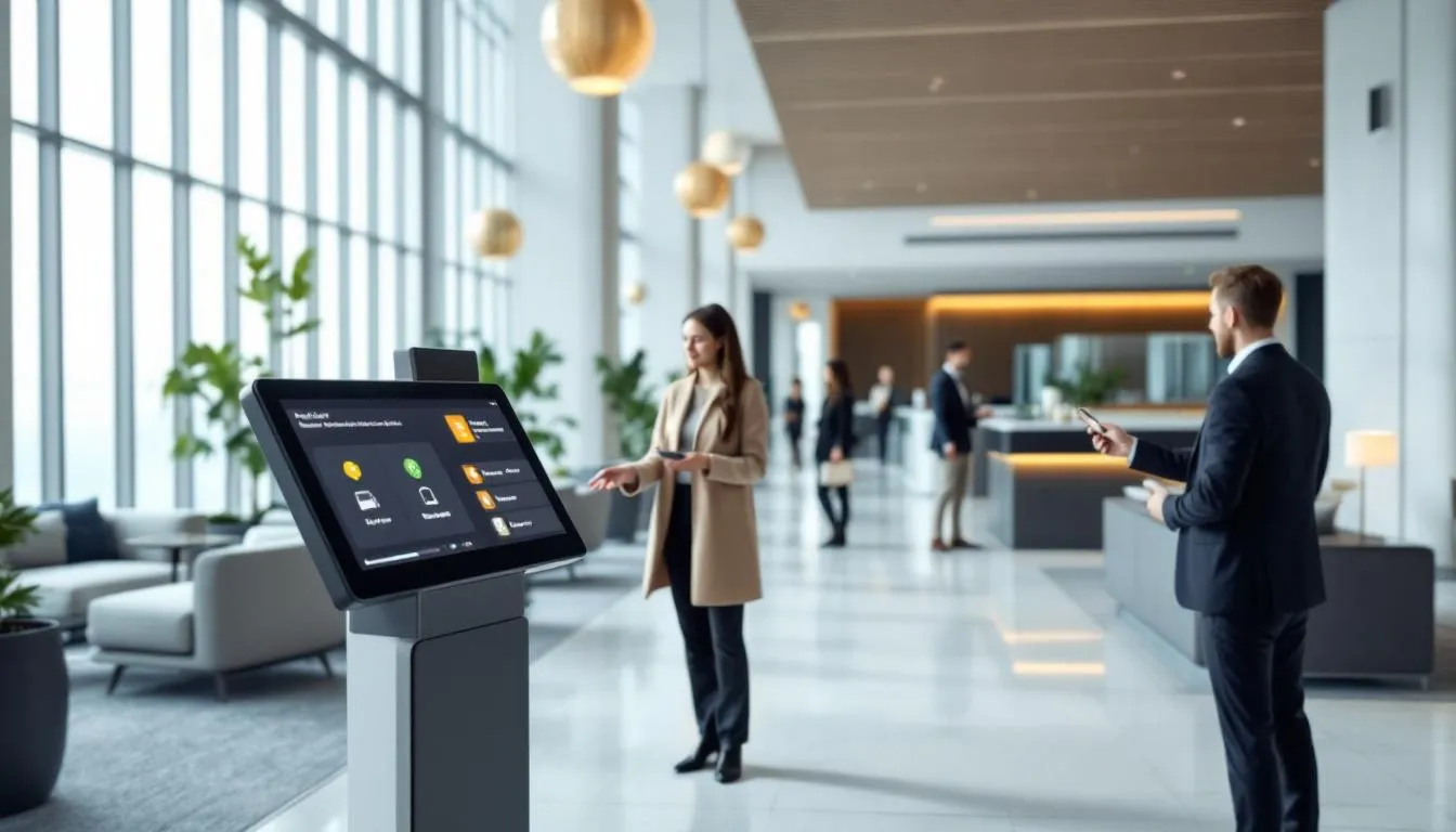 In a modern hotel lobby, guests are seen using a self-service kiosk for check-in and making contactless payments, showcasing the efficiency of hotel point of sale systems. The sleek design of the lobby complements the advanced technology, enhancing guest service and operational efficiency in the hospitality industry.