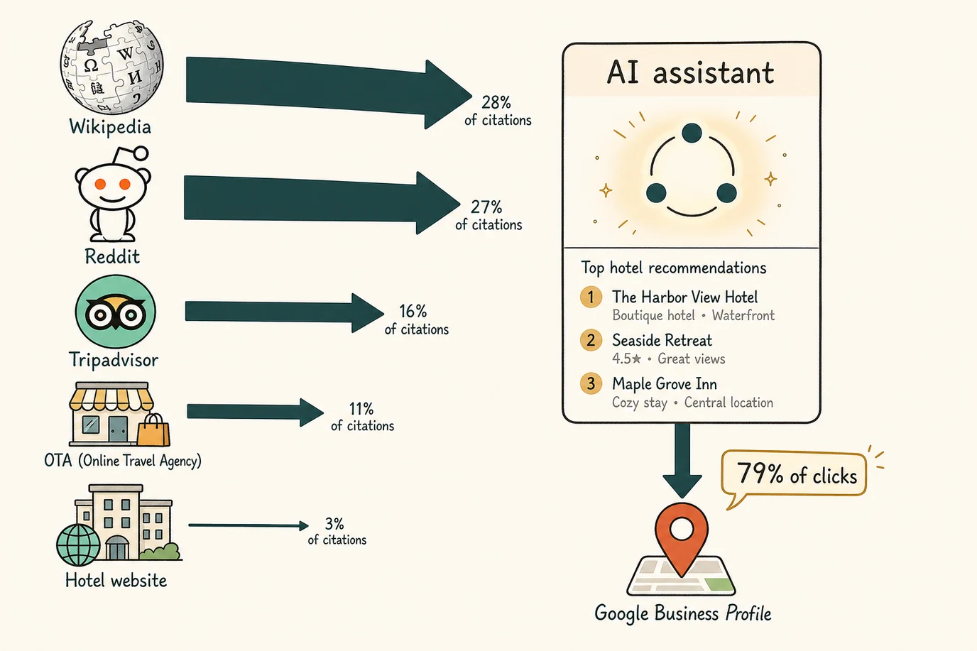 A diagram showing the citation flow from primary sources, Wikipedia and Reddit and Tripadvisor and OTAs and hotel websites, into an AI assistant's response card, with arrow widths proportional to citation share for travel queries and a callout that seventy-nine percent of resulting hotel link clicks route to a Google Business Profile rather than to the cited source.