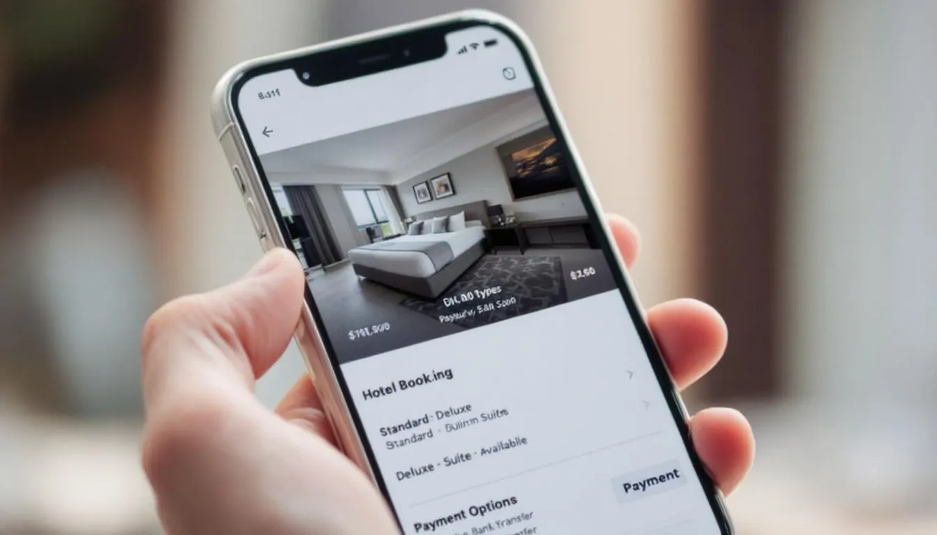 A smartphone screen displays a user-friendly hotel booking interface, showcasing room selection options and an online payment portal, highlighting the features of a comprehensive hotel reservation system designed to manage bookings. The layout emphasizes room availability and rates, facilitating direct reservations for users in the hospitality industry.