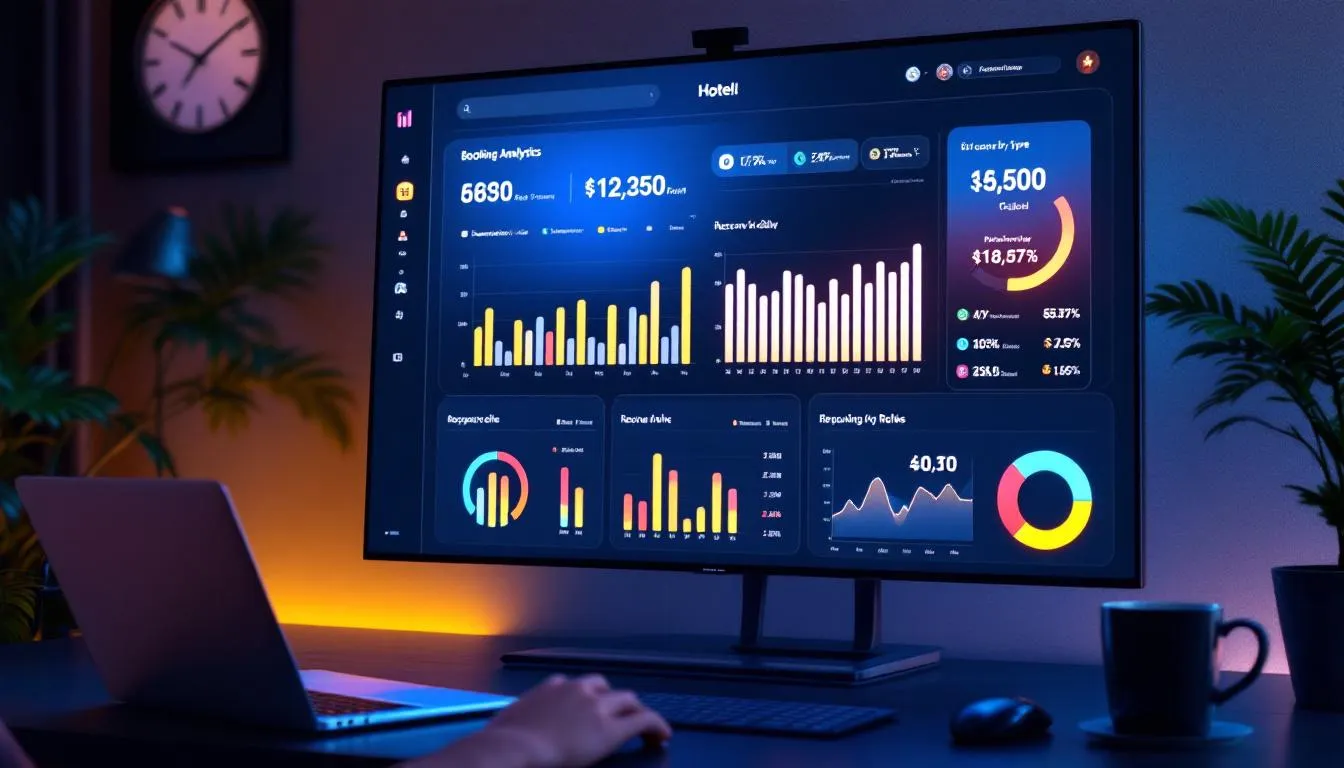 The image displays a hotel management dashboard featuring various booking analytics and revenue metrics, showcasing key data such as room availability, guest details, and booking channels. This comprehensive hotel reservation system is designed to simplify the reservation process and enhance the guest experience in the hospitality industry.