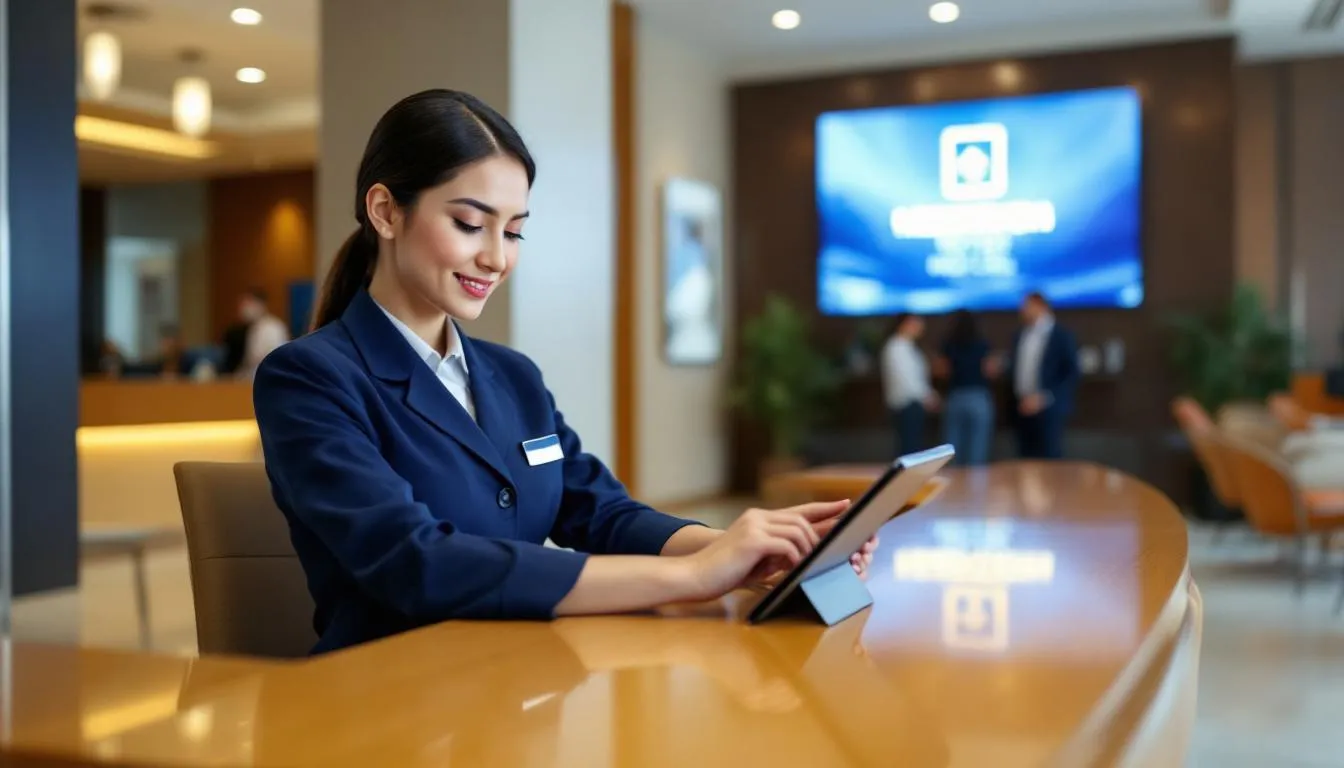 A hotel staff member is standing at the front desk, using a tablet to manage reservations and oversee the booking process efficiently. The tablet displays information related to the hotel reservation system, allowing the staff to handle guest details and room availability.