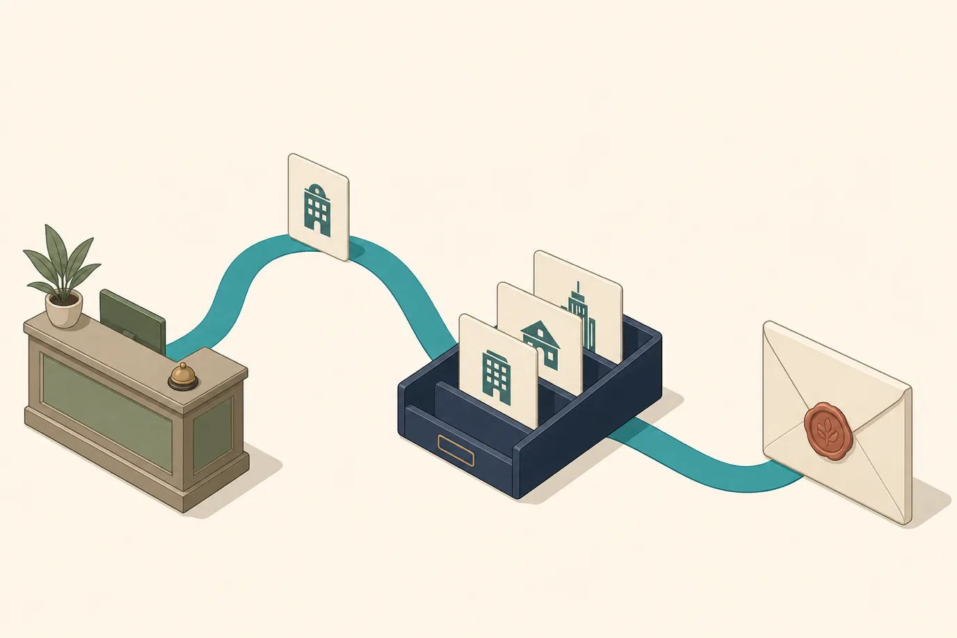 A cel-shaded isometric editorial illustration in a warm palette with a teal accent: a folio card leaves a taupe and sage hotel reception desk and travels along a curved teal ribbon to a deep navy filing tray holding three upright divider cards marked with small company icons, from where the ribbon continues to a cream envelope sealed with terracotta wax, illustrating a balance moving from the guest ledger to a named debtor account and then out as an invoice.