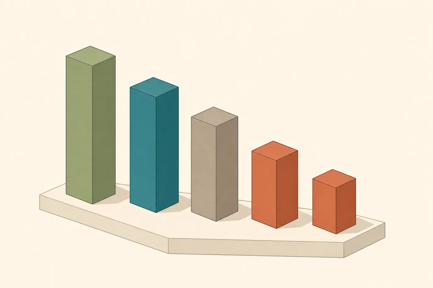 A cel-shaded isometric editorial illustration in a warm palette: five upright blocks of steadily decreasing height standing in a row on a cream base like an ageing profile, the tallest in sage green and the second in teal representing current and recently due balances, the middle in taupe, and the two shortest in terracotta representing balances over sixty and over ninety days.
