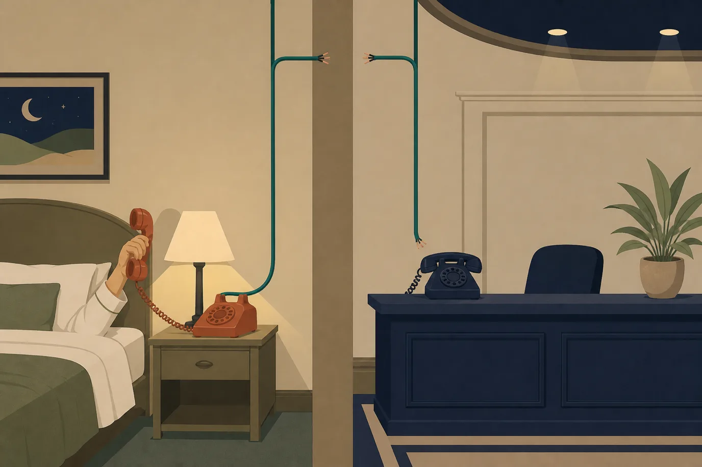 A soft cel-shaded editorial illustration in cream, warm taupe, sage, terracotta and deep navy showing a side-on cutaway of two parts of one hotel at night divided by a thick taupe wall: on the left a guest bedroom where a hand lifts the handset of a terracotta bedside telephone under a warm lamp, on the right a deep navy reception desk where an identical telephone sits silent in its cradle beside a sage potted plant, and above the wall between them two petrol teal cables rising from each telephone stop short of one another with frayed cut ends and an empty gap in between.