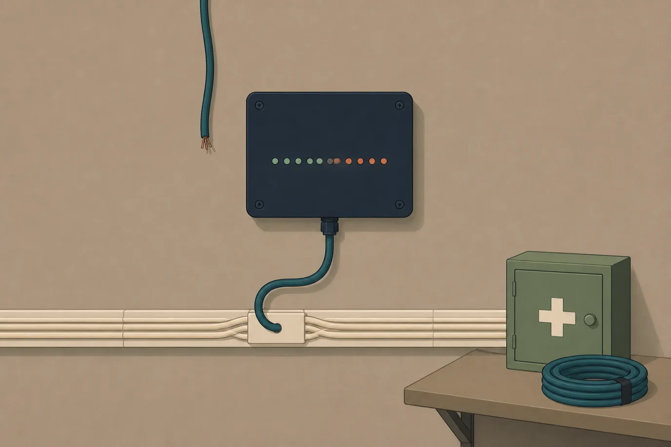 A soft cel-shaded editorial illustration in cream, warm taupe, sage, terracotta and deep navy showing a plain taupe plant-room wall straight on: a small deep navy wall-mounted appliance box in the centre carrying a row of tiny sage and terracotta indicator lights, a petrol teal cable descending from above that stops short and hangs slack with a frayed cut end, a second petrol teal cable looping from the underside of the box down into a horizontal cream trunking rail that fans out across the wall, and a sage cabinet with a coiled spare cable on a taupe shelf in the lower right.