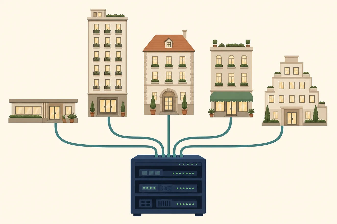 A soft cel-shaded editorial illustration in cream, warm taupe, sage, terracotta and deep navy on a cream background showing five simplified hotel buildings of different heights and shapes arranged in a loose arc, one low and wide, one tall and narrow, one with a pitched terracotta roof, one with a sage awning and one with a stepped facade, each with warmly lit windows, and five petrol teal ribbons curving down from them to converge into a single large deep navy equipment cabinet standing below.