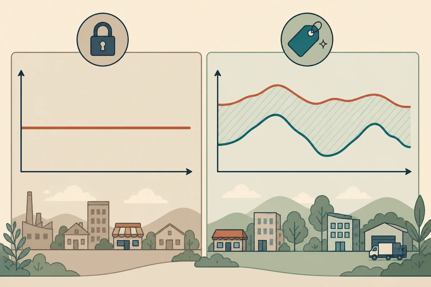 A cel-shaded editorial illustration in a warm palette with a teal accent: a side-by-side comparison panel showing two rate structures across a year, the left panel a flat unchanging line labelled as a fixed corporate rate, the right panel a line that rises and falls with market demand while staying a consistent distance below an upper best-available-rate line, illustrating a dynamic percentage discount.