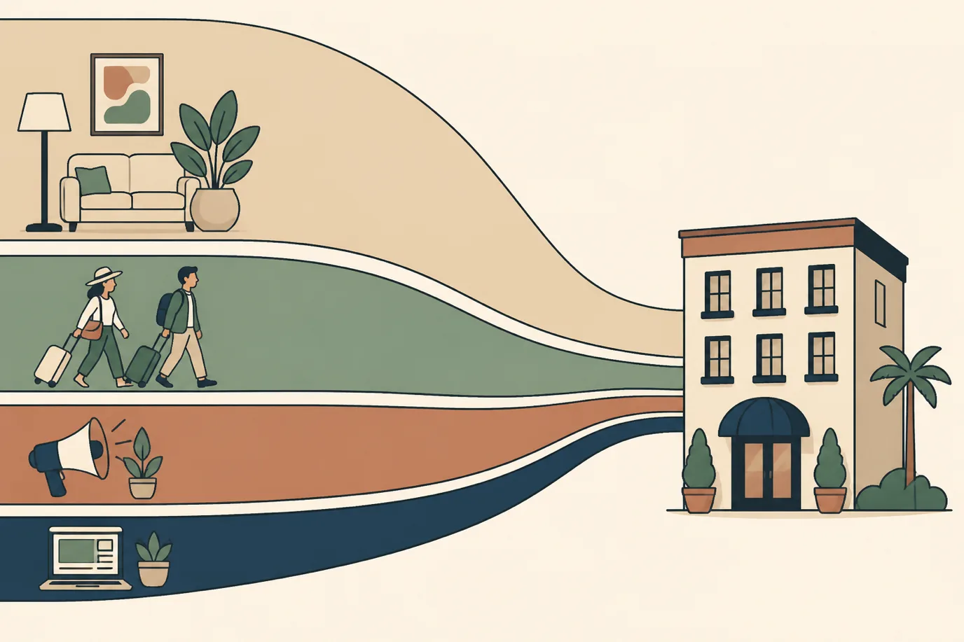 A cel-shaded editorial illustration in a warm palette with a teal accent: four labelled channels of differing widths flowing into a single hotel building shape, representing where corporate room nights arrive from, with the GDS channel drawn widest, direct and travel management platforms narrower, and an OTA channel narrowest, showing relative share of managed corporate business.