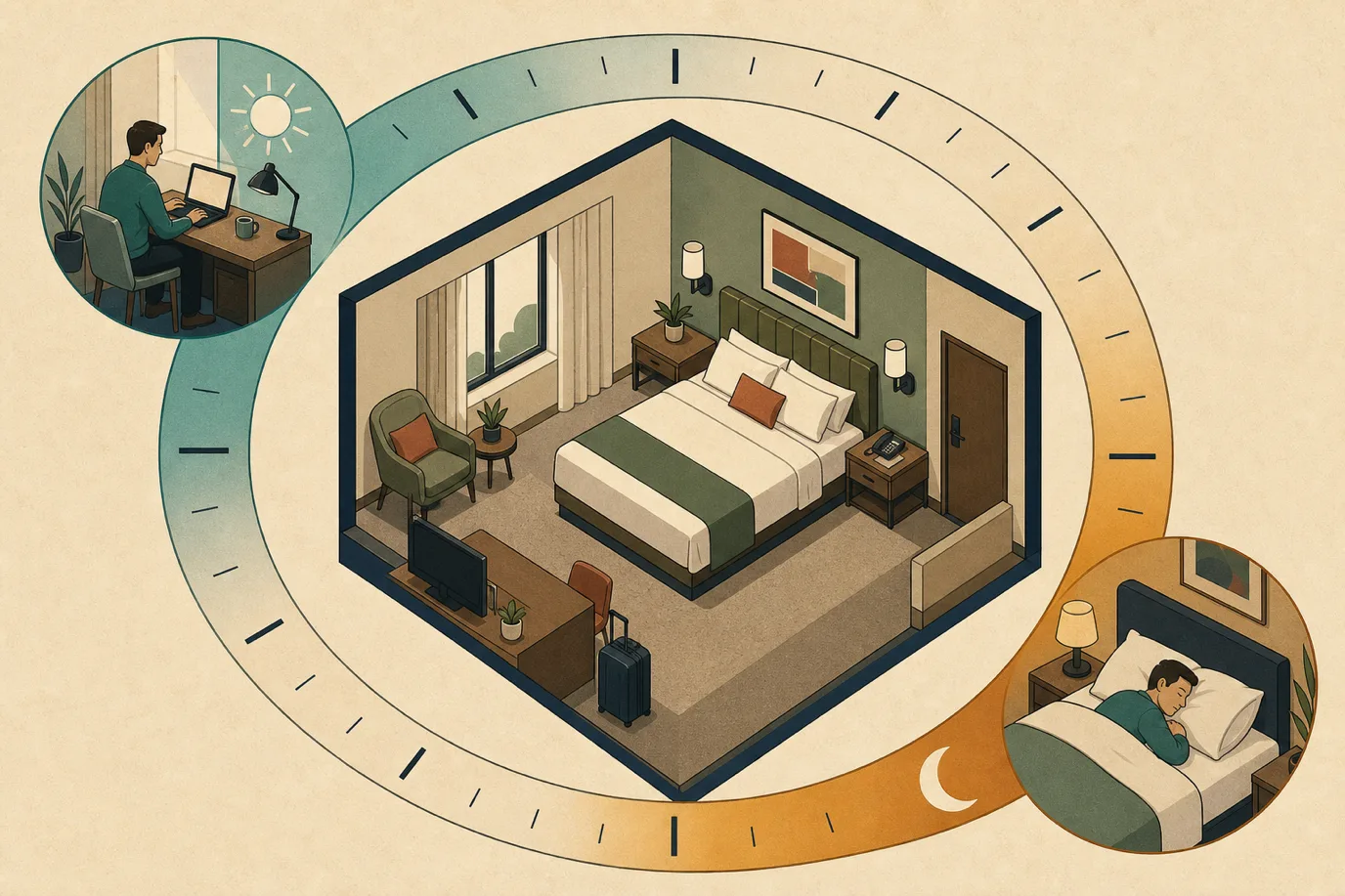 A cel-shaded editorial illustration in a warm palette with a teal accent: a stylized 24-hour clock face rendered as a ring around a hotel room, with the daytime arc glowing teal and occupied by a silhouetted guest at a desk, and the evening arc in warm lamplight occupied by a sleeping guest, conveying two revenue windows inside one day for the same room.