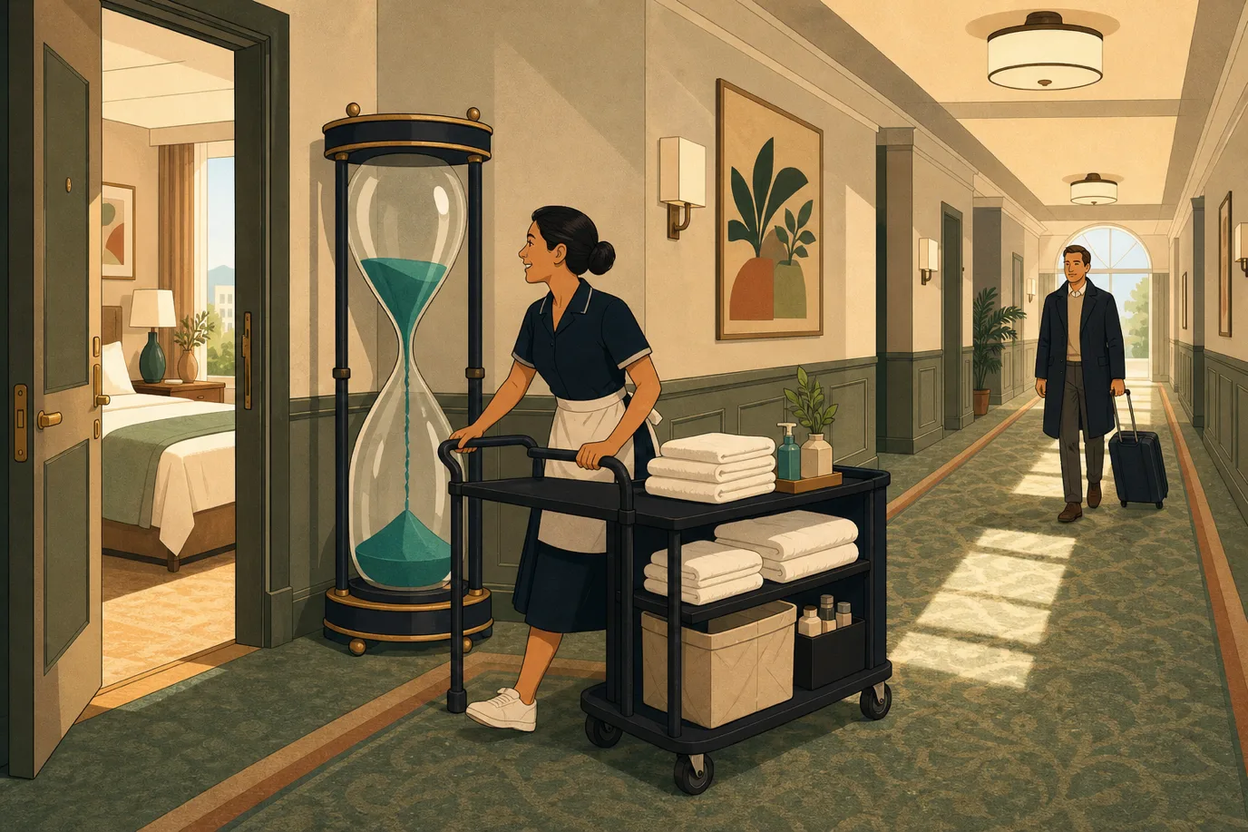 A cel-shaded editorial illustration in a warm palette with a teal accent: a housekeeper wheels a cart toward a bright hotel room while a large hourglass beside the doorway shows the afternoon turnaround window, and further down the corridor a guest with an evening suitcase approaches, conveying the tight but orderly handover between a day-use guest and the overnight arrival.
