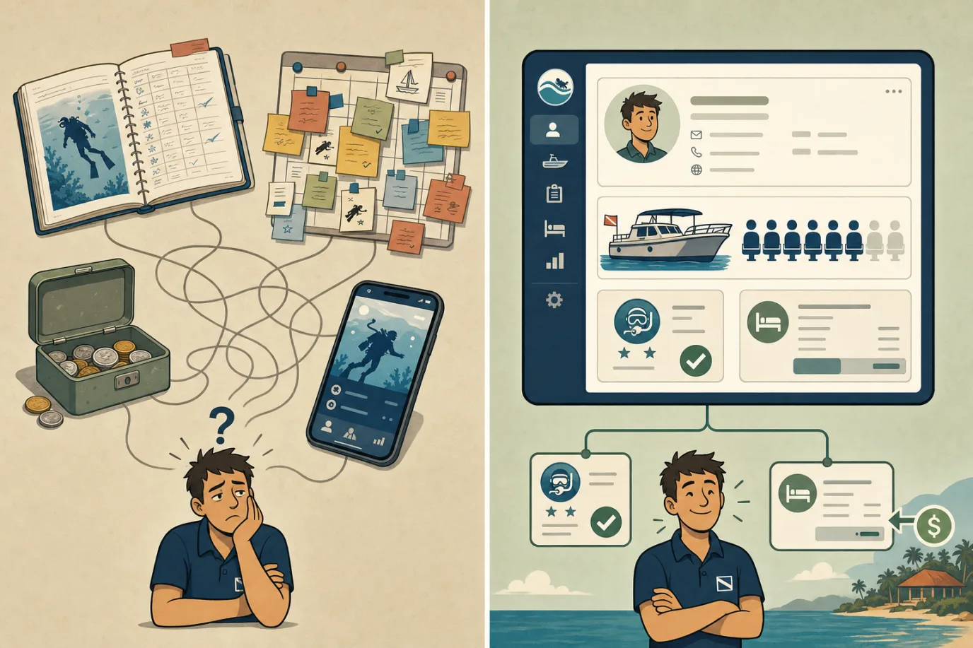 A two-panel before-and-after comparison in cel-shaded editorial style with a teal ocean accent. The left panel labelled scattered shows a paper dive logbook, a wall planner with overlapping sticky notes, a cash tin and a standalone dive app on a phone, all disconnected, with a tired dive manager and a question mark. The right panel labelled connected shows one screen with a guest profile, a boat trip with seats filled, a certification badge marked valid, and a room folio receiving a dive charge, all linked by clean lines.