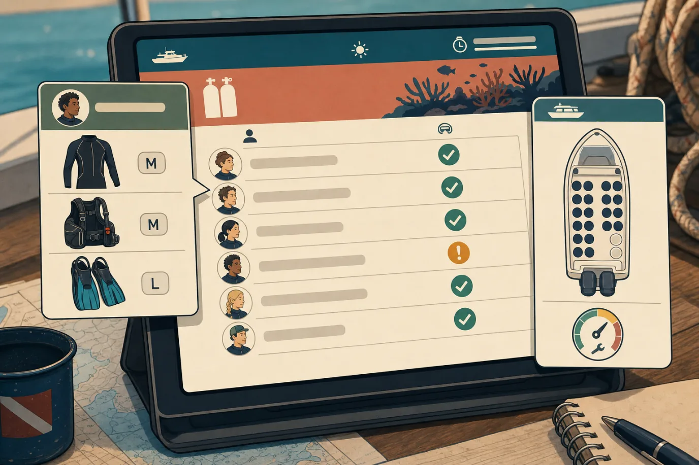 A cel-shaded editorial close-up of a dive trip manifest on a tablet screen with a teal accent. The centre shows a list of divers for a nine oclock two-tank dive with certification badges beside each name, one marked valid in green and one flagged amber for a missing medical form; on the right a boat card shows fourteen of sixteen seats filled and an engine-hours service indicator; on the left a small panel shows rental gear assigned to a diver with sizes.