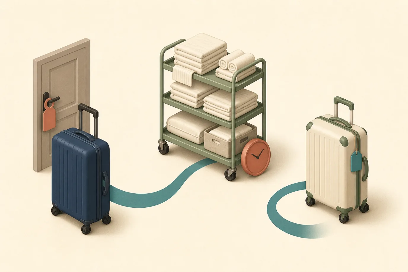 A soft flat vector isometric illustration in cream, taupe, sage, terracotta and deep navy with a teal accent: a deep navy suitcase turning away from a guest room door that carries a terracotta door hanger, a sage housekeeping trolley stacked with folded towels standing higher in the centre with a small terracotta clock face beside it, and a cream suitcase with a teal luggage tag standing ready on the right, all linked by a single curving teal ribbon.