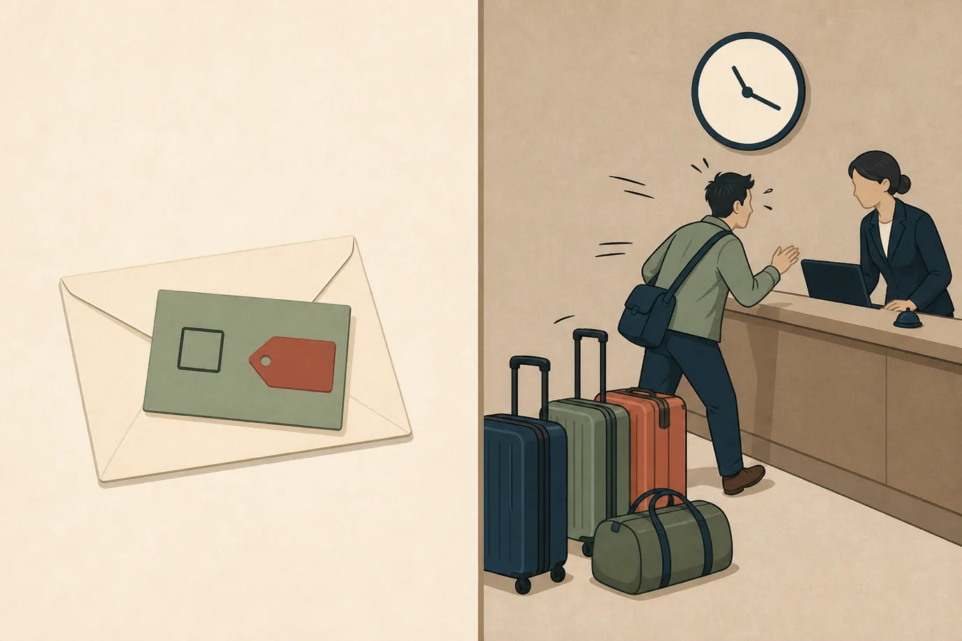 A cel-shaded editorial diagram in cream, taupe, sage, terracotta and deep navy contrasting two moments. On the left, a calm pre-arrival scene showing an envelope with a small priced option card beside it and a clear tick box. On the right, a busy reception counter with a queue of luggage behind a guest, a clock reading mid-morning, and a hurried exchange with no price shown at all.
