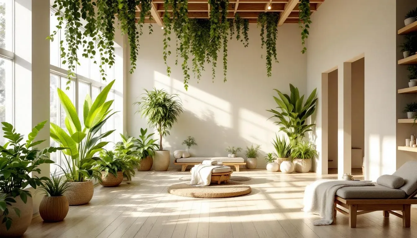 A serene spa and wellness center bathed in natural light features lush greenery and calming decor, creating an inviting atmosphere for relaxation and rejuvenation. This space reflects current trends in the hospitality industry, emphasizing personalized guest experiences and sustainable practices.