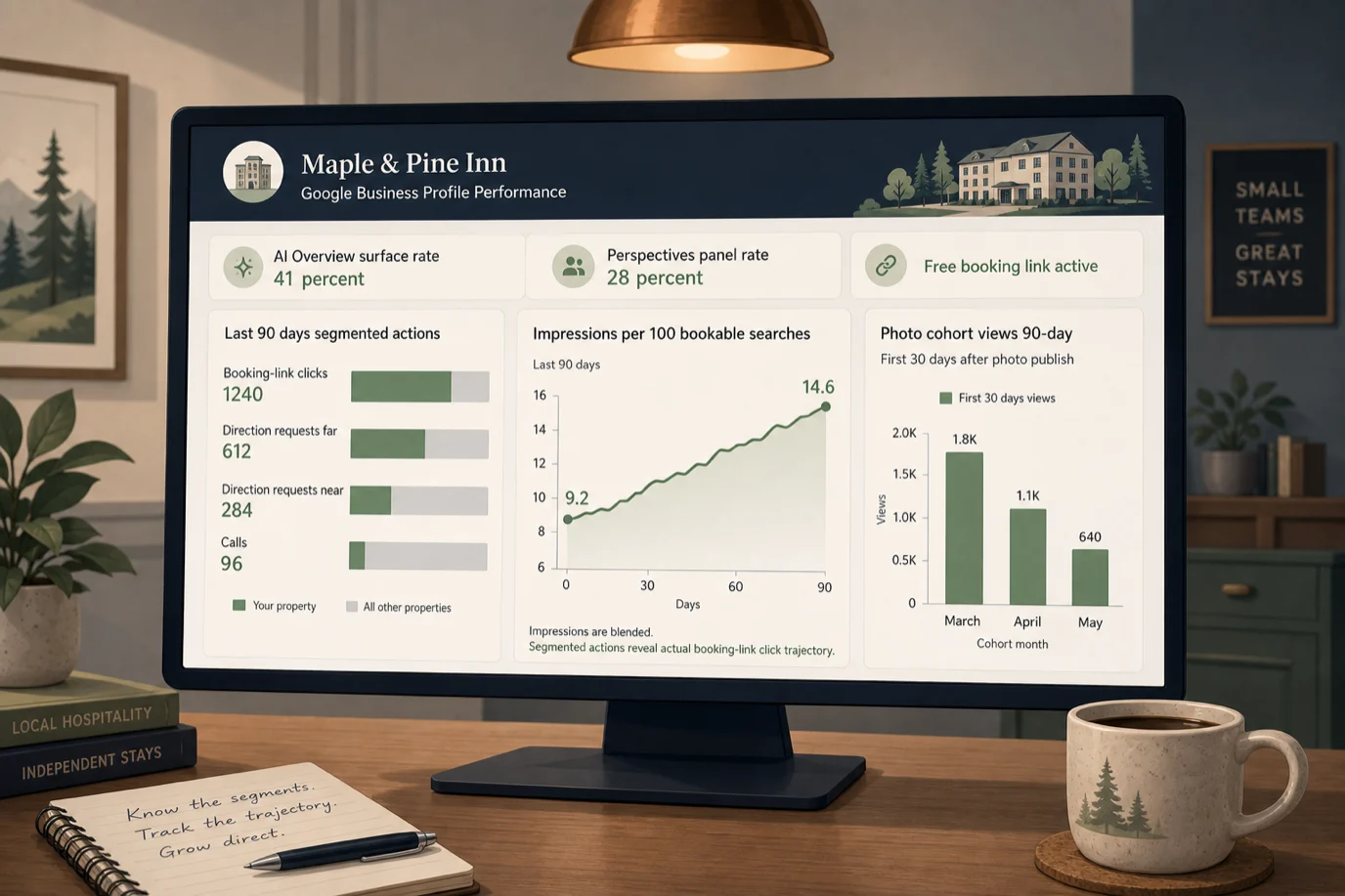 A cel-shaded editorial illustration of a wide back-office monitor showing a hotel Google Business Profile Performance dashboard for an independent property, with a stacked horizontal bar chart titled Last 90 days segmented actions showing four bars Booking-link clicks 1240 Direction requests far 612 Direction requests near 284 Calls 96 with green and gray segments, a center panel titled Impressions per 100 bookable searches with a line chart climbing from 9.2 to 14.6 over 90 days, a right panel titled Photo cohort views 90-day with three monthly cohorts March April May showing diminishing first-30-day views, and a top tab bar reading AI Overview surface rate 41 percent Perspectives panel rate 28 percent Free booking link active, illustrating that segmented metrics reveal the actual booking-link click trajectory hidden under blended actions and impressions.