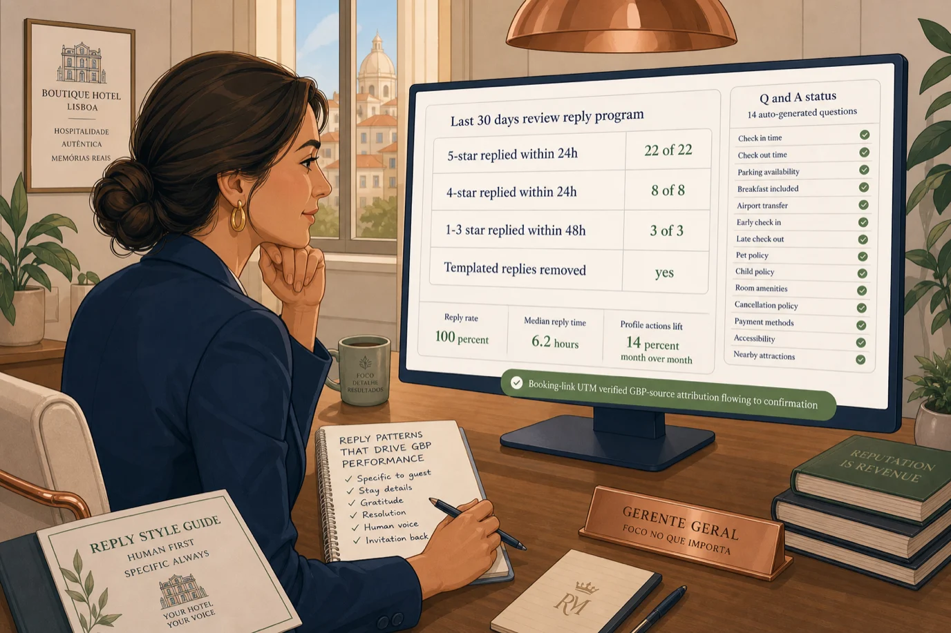 A cel-shaded editorial illustration of a Portuguese female hotel general manager at a quiet morning desk reviewing the review reply queue on a wide monitor, with a clean cadence table titled Last 30 days review reply program showing four rows 5-star replied within 24h 22 of 22 4-star replied within 24h 8 of 8 1-3 star replied within 48h 3 of 3 Templated replies removed yes, a footer reading Reply rate 100 percent Median reply time 6.2 hours Profile actions lift 14 percent month over month, a side panel titled Q and A status showing 14 auto-generated questions all answered, a printed reply-style guide on the desk, and a green pill reading Booking-link UTM verified GBP-source attribution flowing to confirmation, illustrating that human-written specific reply patterns and cadence carry the GBP optimization weight rather than templated speed.