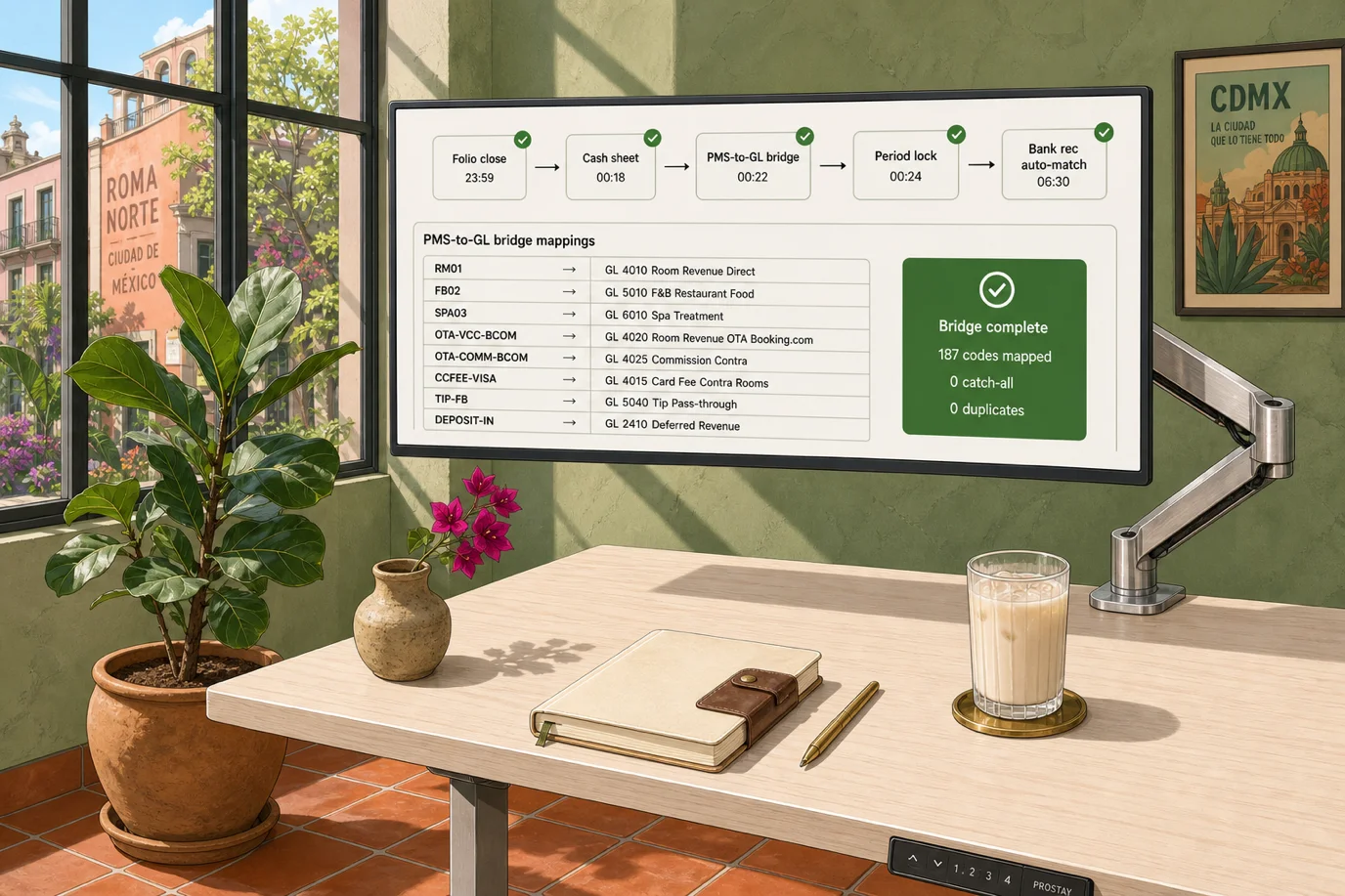 A cel-shaded editorial illustration of a wide back-office monitor showing the night-audit-to-general-ledger bridge for a 92-room independent hotel, with a horizontal flow diagram across five labeled boxes Folio close 23:59 then Cash sheet 00:18 then PMS-to-GL bridge 00:22 then Period lock 00:24 then Bank rec auto-match 06:30, with a right-side mapping table showing eight PMS transaction code rows RM01 to GL 4010 Room Revenue Direct, FB02 to GL 5010 F&B Restaurant Food, SPA03 to GL 6010 Spa Treatment, OTA-VCC-BCOM to GL 4020 Room Revenue OTA Booking.com, OTA-COMM-BCOM to GL 4025 Commission Contra, CCFEE-VISA to GL 4015 Card Fee Contra Rooms, TIP-FB to GL 5040 Tip Pass-through, DEPOSIT-IN to GL 2410 Deferred Revenue, with a green status panel reading Bridge complete 187 codes mapped 0 catch-all 0 duplicates, illustrating that a clean PMS-to-GL bridge is the structural fix that produces a correctly categorized GL posting every night without manual reconciliation.