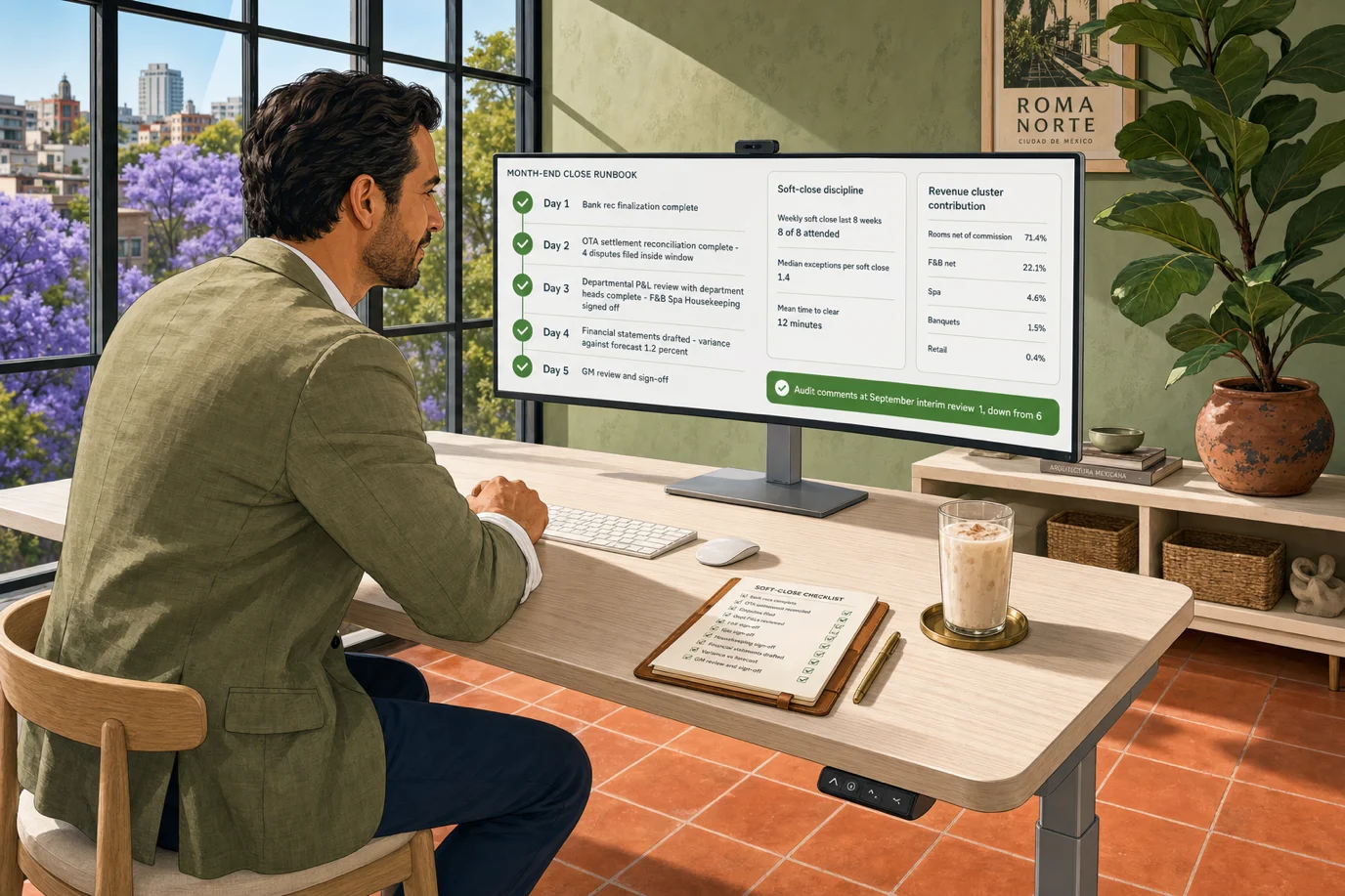 A cel-shaded editorial illustration of a calm controller at a quiet morning desk reviewing a month-end close runbook on a wide monitor, with a five-day close timeline showing Day 1 Bank rec finalization complete, Day 2 OTA settlement reconciliation complete with 4 disputes filed inside window, Day 3 Departmental P&L review with department heads complete F&B Spa Housekeeping signed off, Day 4 Financial statements drafted variance against forecast 1.2 percent, Day 5 GM review and sign-off, a side panel titled Soft-close discipline reading Weekly soft close last 8 weeks 8 of 8 attended Median exceptions per soft close 1.4 Mean time to clear 12 minutes, a small revenue-cluster contribution table showing Rooms net of commission 71.4 percent F&B net 22.1 percent Spa 4.6 percent Banquets 1.5 percent Retail 0.4 percent, a green pill reading Audit comments at September interim review 1 down from 6, a printed USALI 11th edition reference and a soft-close checklist on the desk, illustrating that a documented runbook plus weekly soft-close discipline drops the close from fourteen days to three.