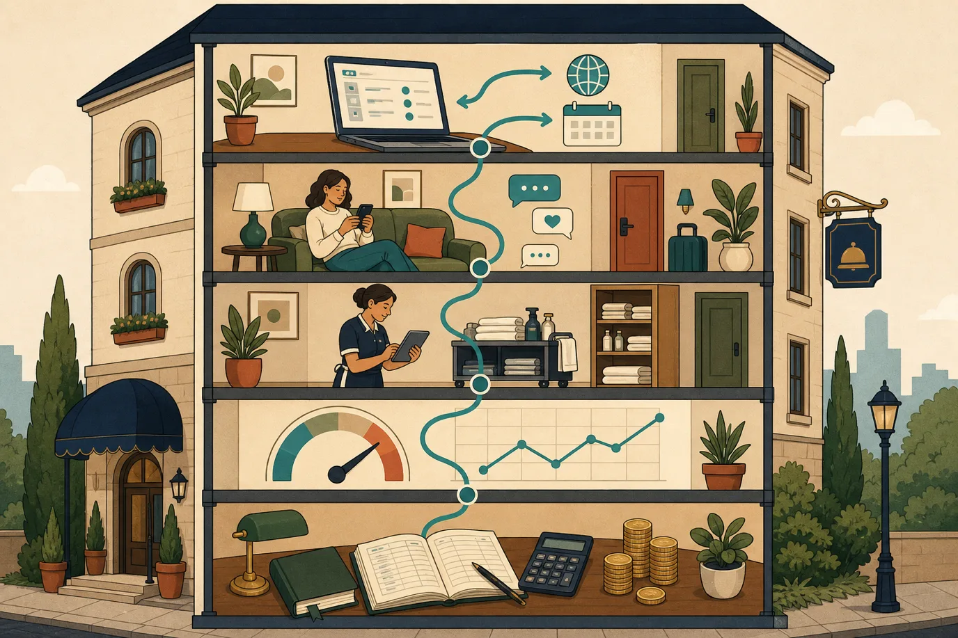 A cel-shaded editorial illustration in a warm palette with a teal accent: a five-layer diagram rendered as stacked shelves in a stylized hotel cross-section, showing distribution channels syncing at the top, a guest phone conversation, a housekeeping tablet, a pricing dial, and a ledger at the bottom, all connected by one flowing teal thread, conveying the five layers of hotel automation working as one system.