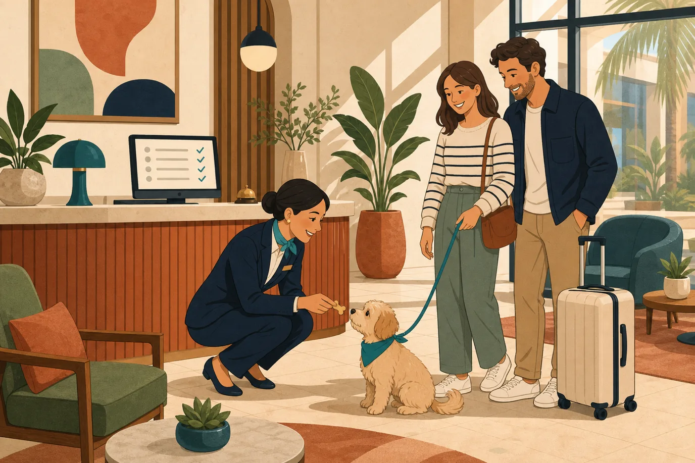 A cel-shaded editorial illustration in a warm palette with a teal accent: a receptionist crouches to hand a small dog a treat while greeting its owners in a sunlit lobby, behind the desk a screen quietly shows tasks completing themselves with small check marks, conveying automation handling the routine work in the background while staff give guests their full attention.