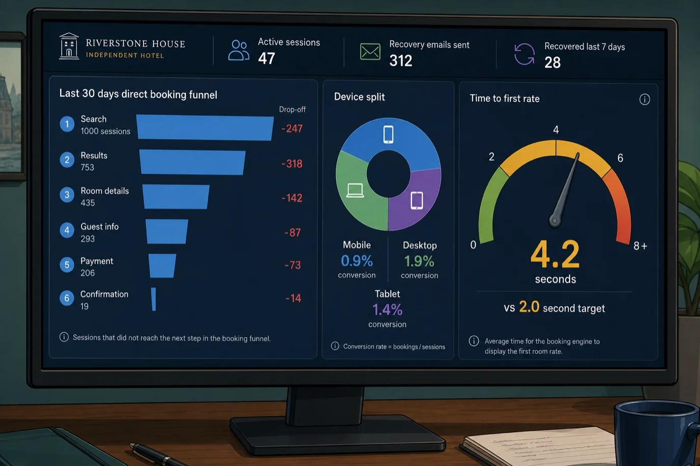 A cel-shaded editorial illustration of a wide back-office monitor showing a hotel booking engine step-level drop-off dashboard for an independent property, with a horizontal funnel chart titled Last 30 days direct booking funnel showing six stacked bars Search 1000 sessions, Results 753, Room details 435, Guest info 293, Payment 206, Confirmation 19 with red drop-off labels next to each step reading -247 -318 -142 -87 -73 -14, a center device split panel reading Mobile conversion 0.9 percent Desktop conversion 1.9 percent Tablet 1.4 percent, a right time-to-first-rate gauge reading 4.2 seconds against a 2.0 second target, and a top tab bar reading Active sessions 47 Recovery emails sent 312 Recovered last 7 days 28, illustrating that step-level drop-off reveals exactly where the funnel leaks and that blended conversion hides the seven actionable diagnoses underneath.