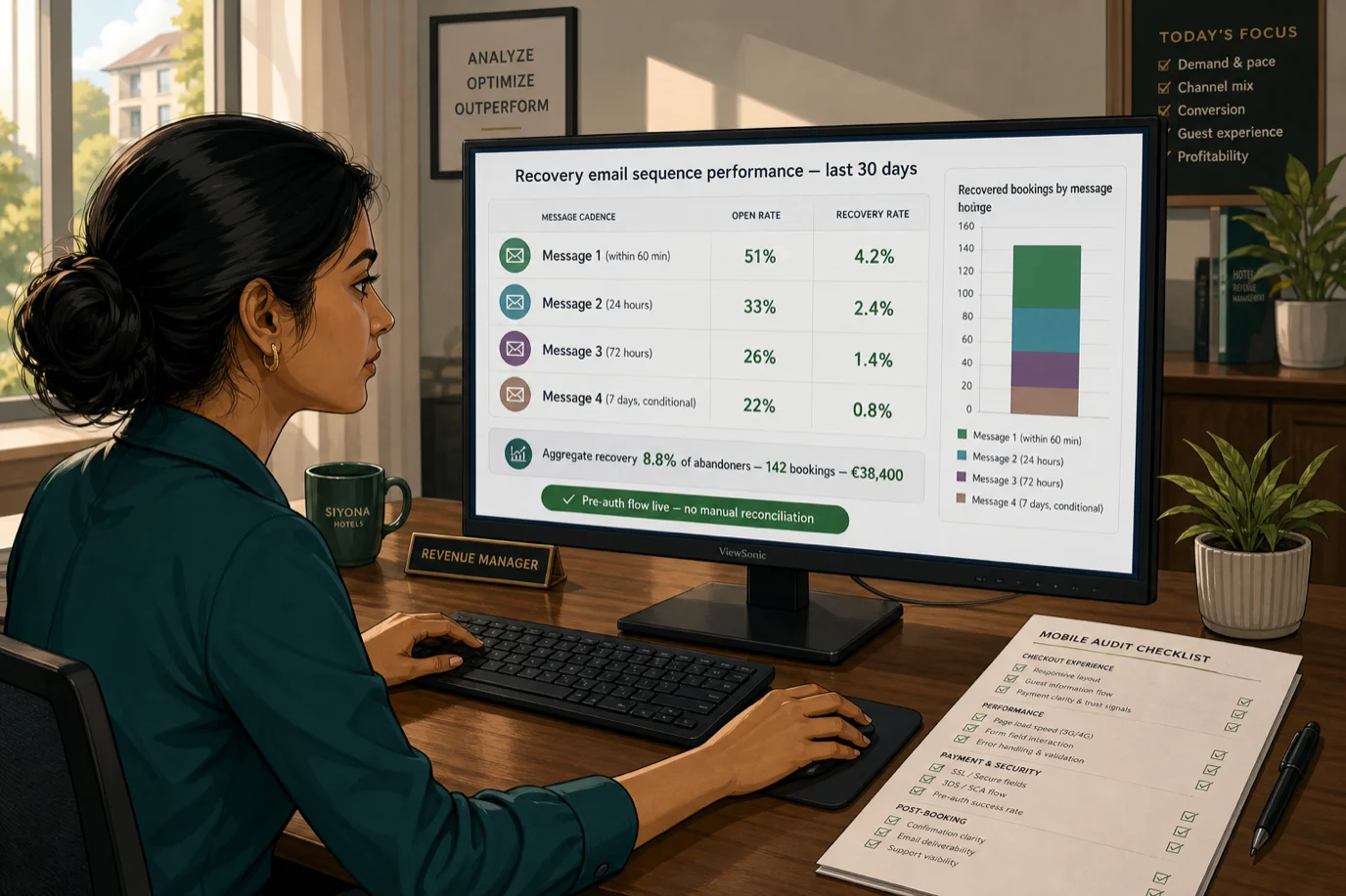 A cel-shaded editorial illustration of an Indian female hotel revenue manager at a quiet morning desk reviewing the abandonment recovery sequence dashboard on a wide monitor, with a clean cadence table titled Recovery email sequence performance last 30 days showing four rows Message 1 within 60 minutes opens 51 percent recovery 4.2 percent, Message 2 at 24 hours opens 33 percent recovery 2.4 percent, Message 3 at 72 hours opens 26 percent recovery 1.4 percent, Message 4 at 7 days conditional opens 22 percent recovery 0.8 percent, a footer reading Aggregate recovery 8.8 percent of abandoners 142 bookings 38400 euros and a green pill reading Pre-auth flow live no manual reconciliation, with a printed mobile audit checklist next to the keyboard, illustrating that the four message cadence carries the recovery weight while a single email leaves most of the abandoners on the table.