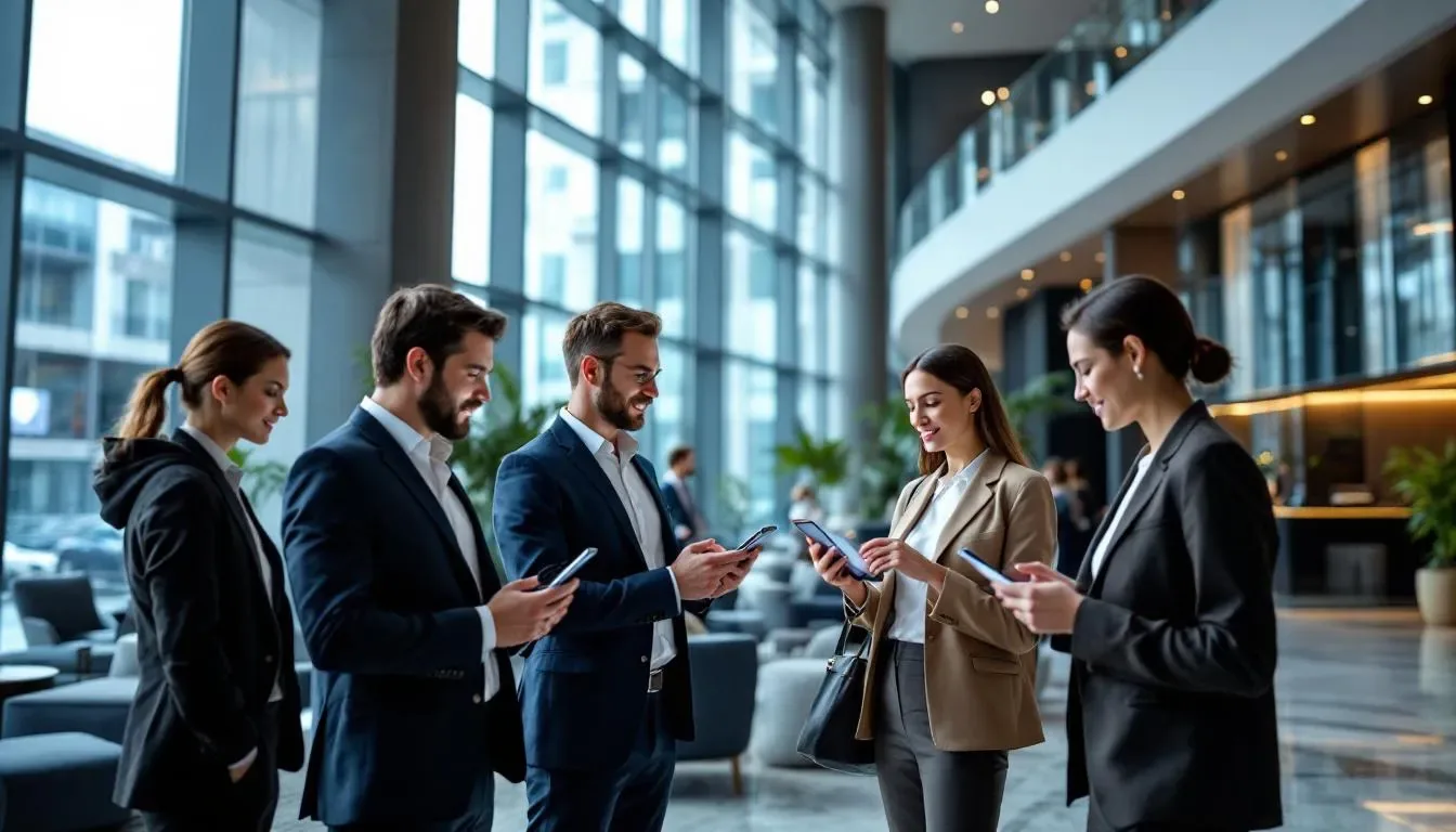 In a modern hotel lobby, guests are seen engaged with their smartphones and tablets, using a hotel booking engine to make direct bookings and enhance their guest experience. The atmosphere is bustling, showcasing the convenience of online reservations and the importance of a user-friendly booking process in today's hospitality industry.
