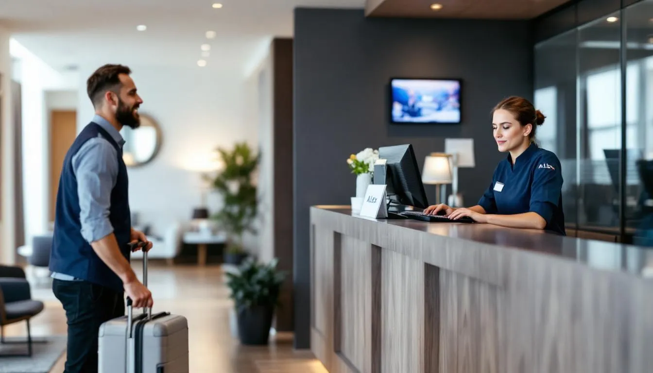 The image shows a hotel reception desk where a staff member is engaged with a computer system, while a guest approaches to inquire about their stay. This scene highlights the booking process and the importance of a user-friendly hotel booking engine in enhancing guest satisfaction.