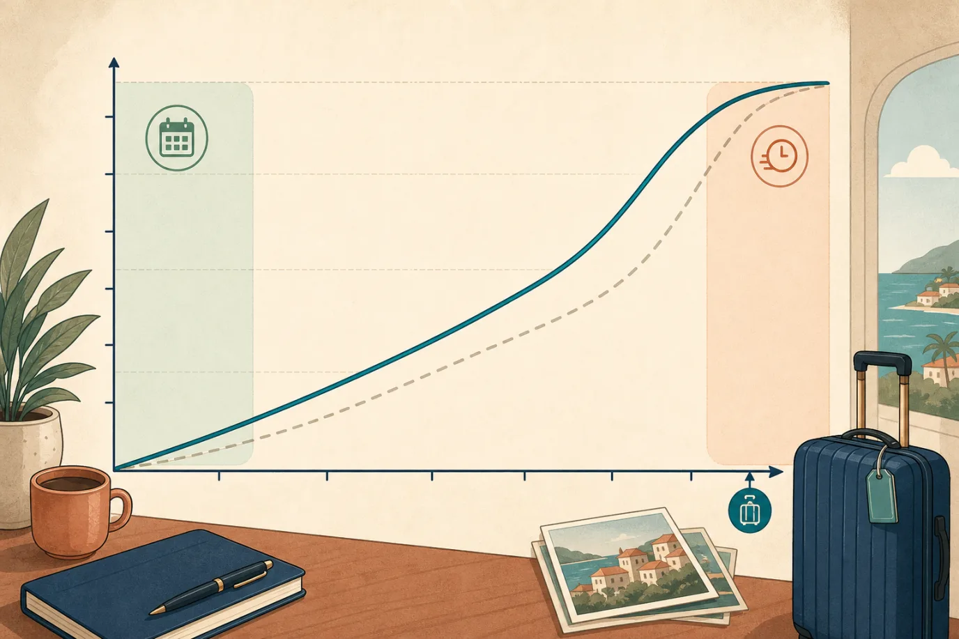A cel-shaded editorial data illustration of a hotel booking pace curve in a warm palette with a teal accent. A chart shows cumulative share of final bookings on the vertical axis rising from left to right as days-before-arrival count down to zero at the right edge marked arrival. A solid curve represents this year and a lighter dashed curve represents same time last year, with the this-year line sitting slightly above, and gentle annotations marking an early-booking region far out and a last-minute pickup region near arrival.